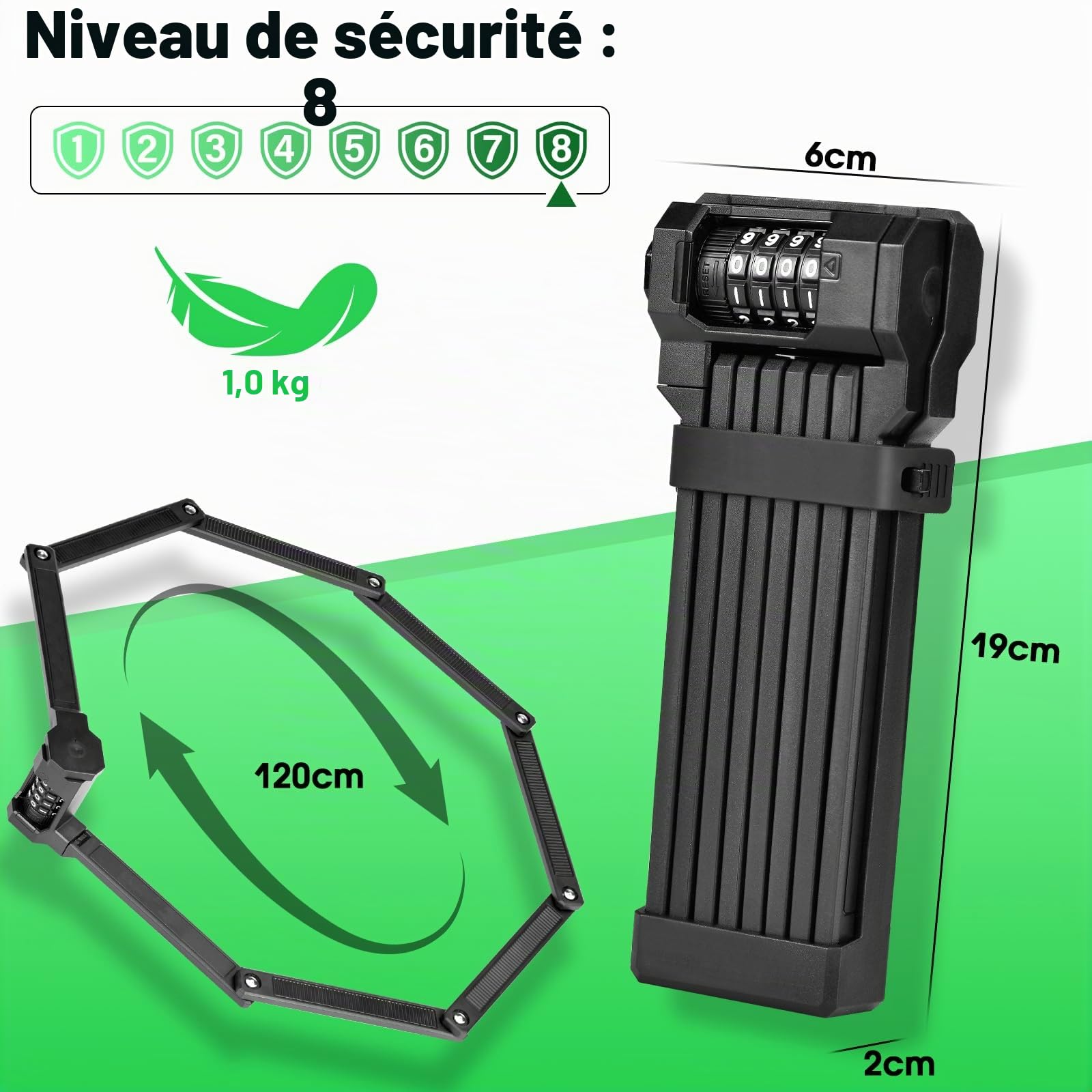 Antivol vélo pliable de 120 cm - Antivol numérique pour vélos électriques et VTT - Niveau de sécurité 7 - Noir
