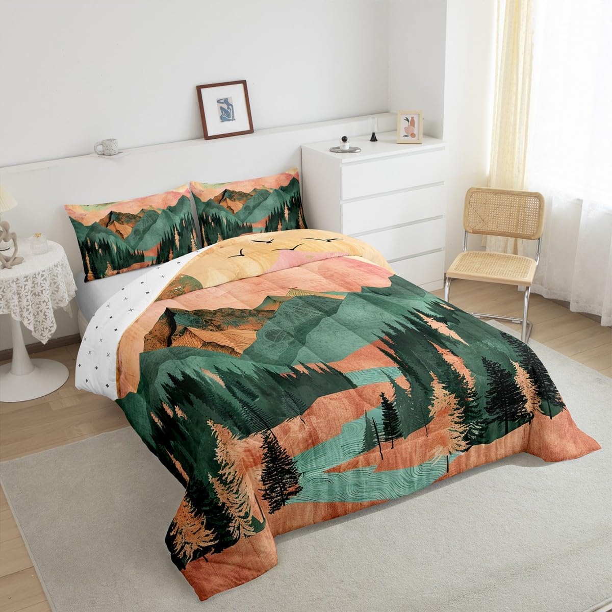 Feelyou Kids King Foggy Mountain Comforter Set King Size, Boho Mountain Comforter for Boys Girls Mountain Nature Comforter Set Abstract Duvet Set Bed Set 3Pcs