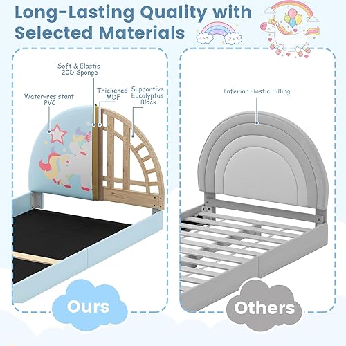 Miniatura 3 de Costzon - Base de cama individual para piso, cama tapizada para niños con alfombra de tela Oxford 210D, soporte central y tablas acolchadas, cama de