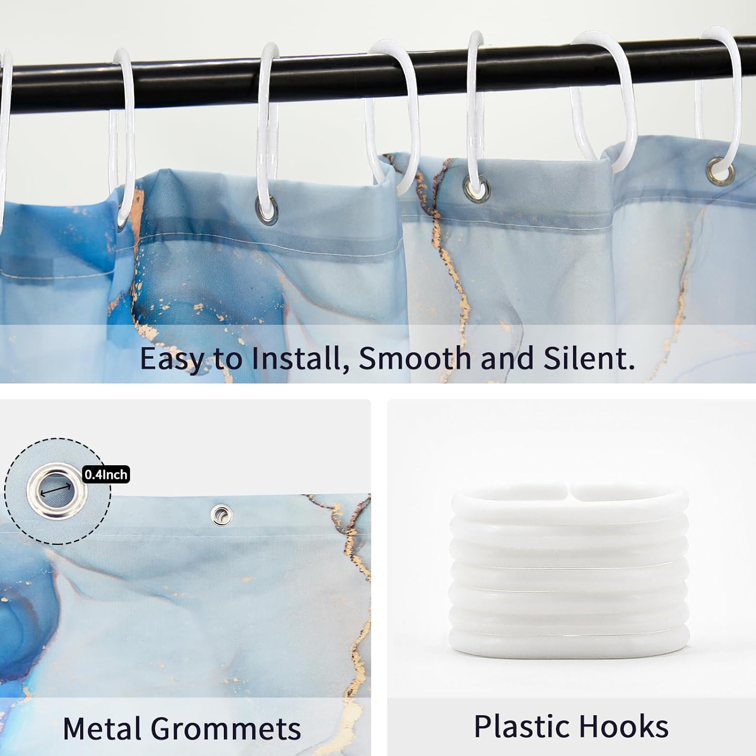 Gibelle Extra Long Shower Curtain 72 x 84, Tall Abstract Blue Grey Marble Shower Curtain, Modern Ink Art Waterproof Fabric Shower Curtain Set with Hooks