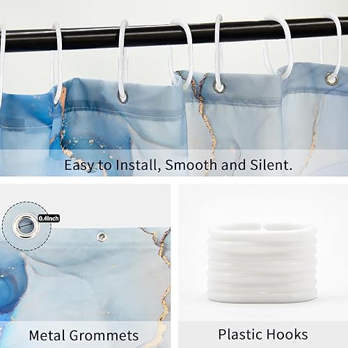 Miniatura 6 de Gibelle Cortina de ducha abstracta, cortina de ducha de tela de mármol azul y gris para baño, decoración artística de tinta moderna, juego de