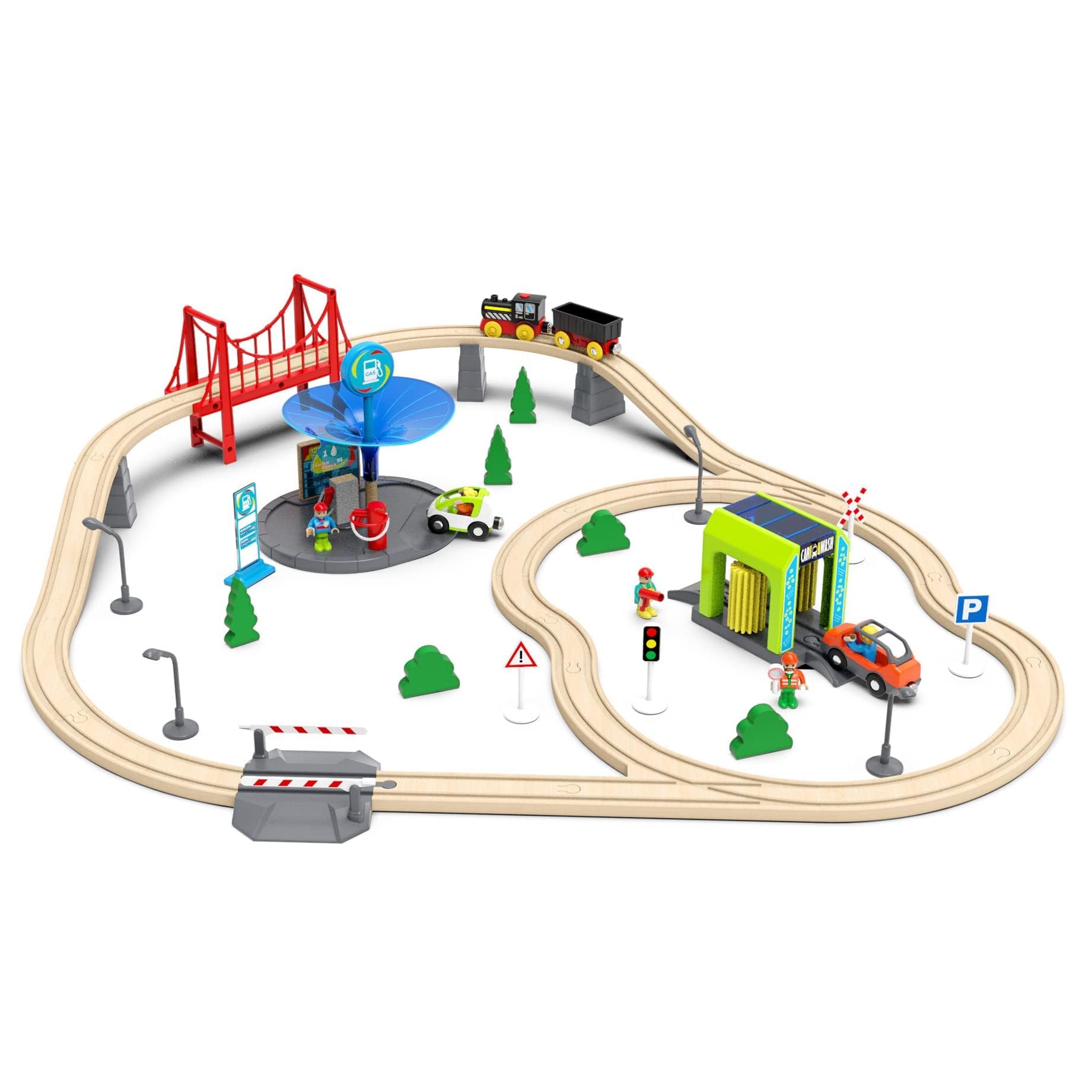 Accessori Ferroviari in Legno Autolavaggio per Ferrovia, Giocattolo Treno Compatibile con Tutte le Principali Marche di Sistema di Treno-Set, Stazione Ferroviaria per Bambini