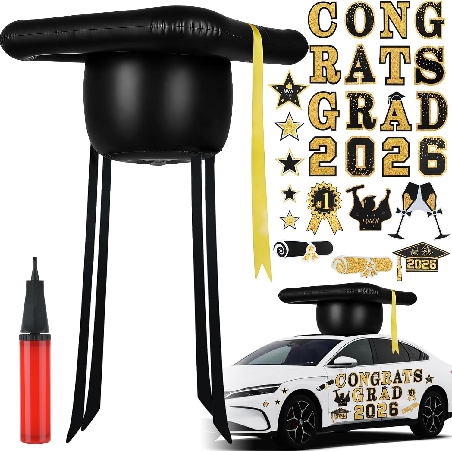 Graduation Car Decoration 27pcs Class of 2026 Grad Decor Car Magnetic 20'' PVC Inflatable Graduation Cap Car Decoration for Car Roof High School Senior College Prom Party Decor(Black, Gold)