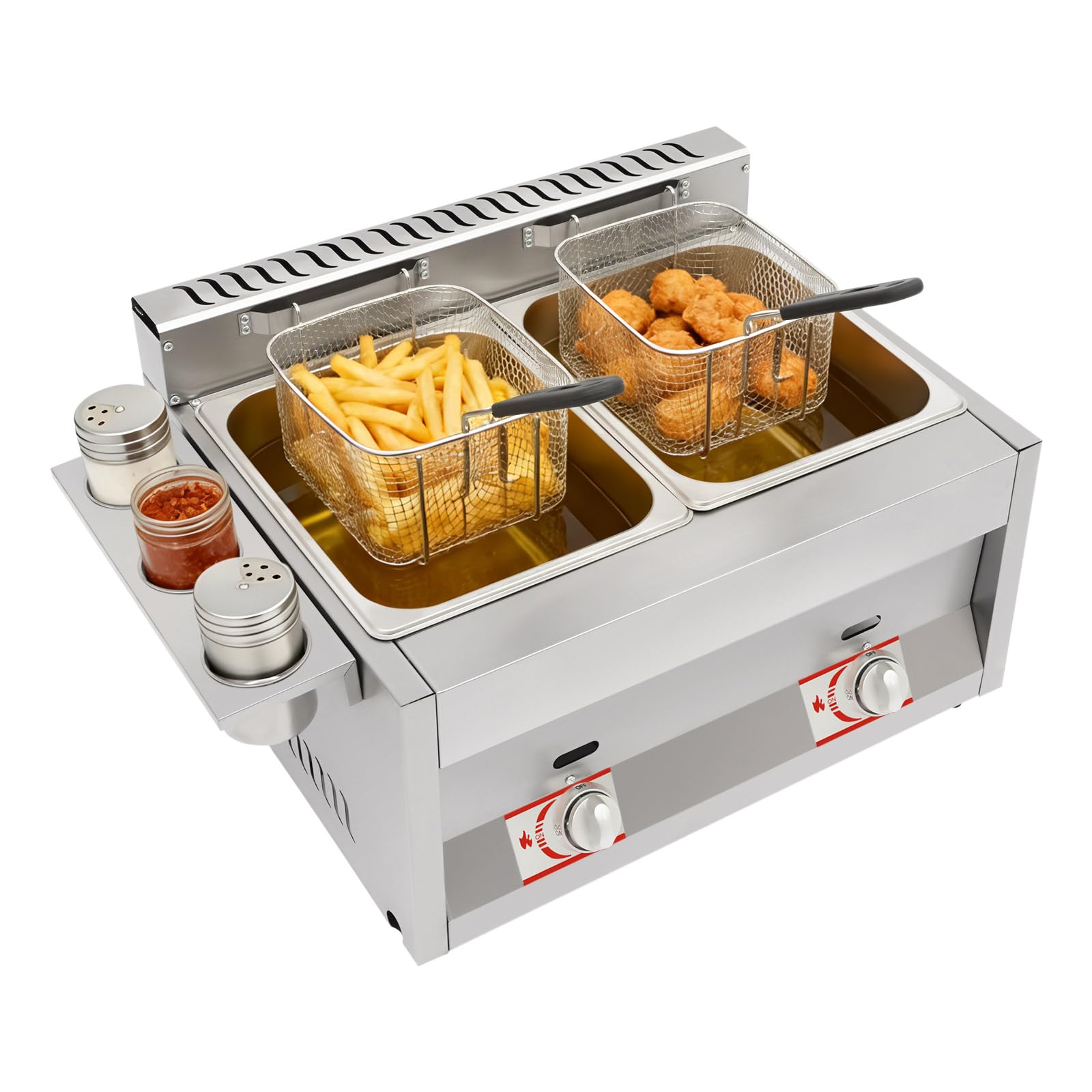 Freidora de gas, 60,3 x 46 x 33,5 cm, doble tanque comercial, acero inoxidable, freidora profesional con cestas de filtro, tapa, zonas frÃas, para restaurante, snackbar, aperitivos, cocina