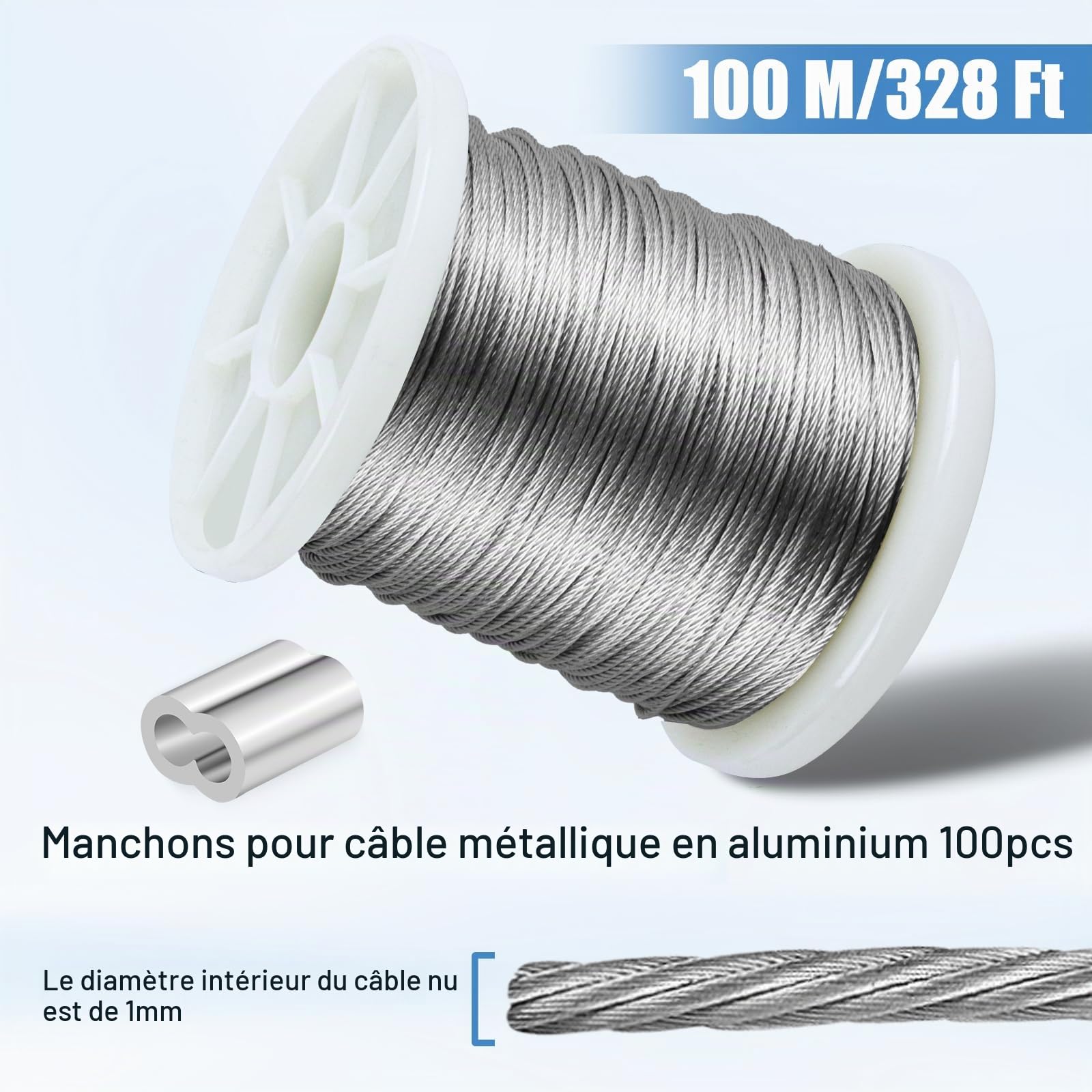100m Câble métallique, 1mm Câble en acier inoxydable 304, âme de 7×7 brins avec 100 manchons de ser, corde à linge, pour plantes grimpantes, clôture, lumières, suspension
