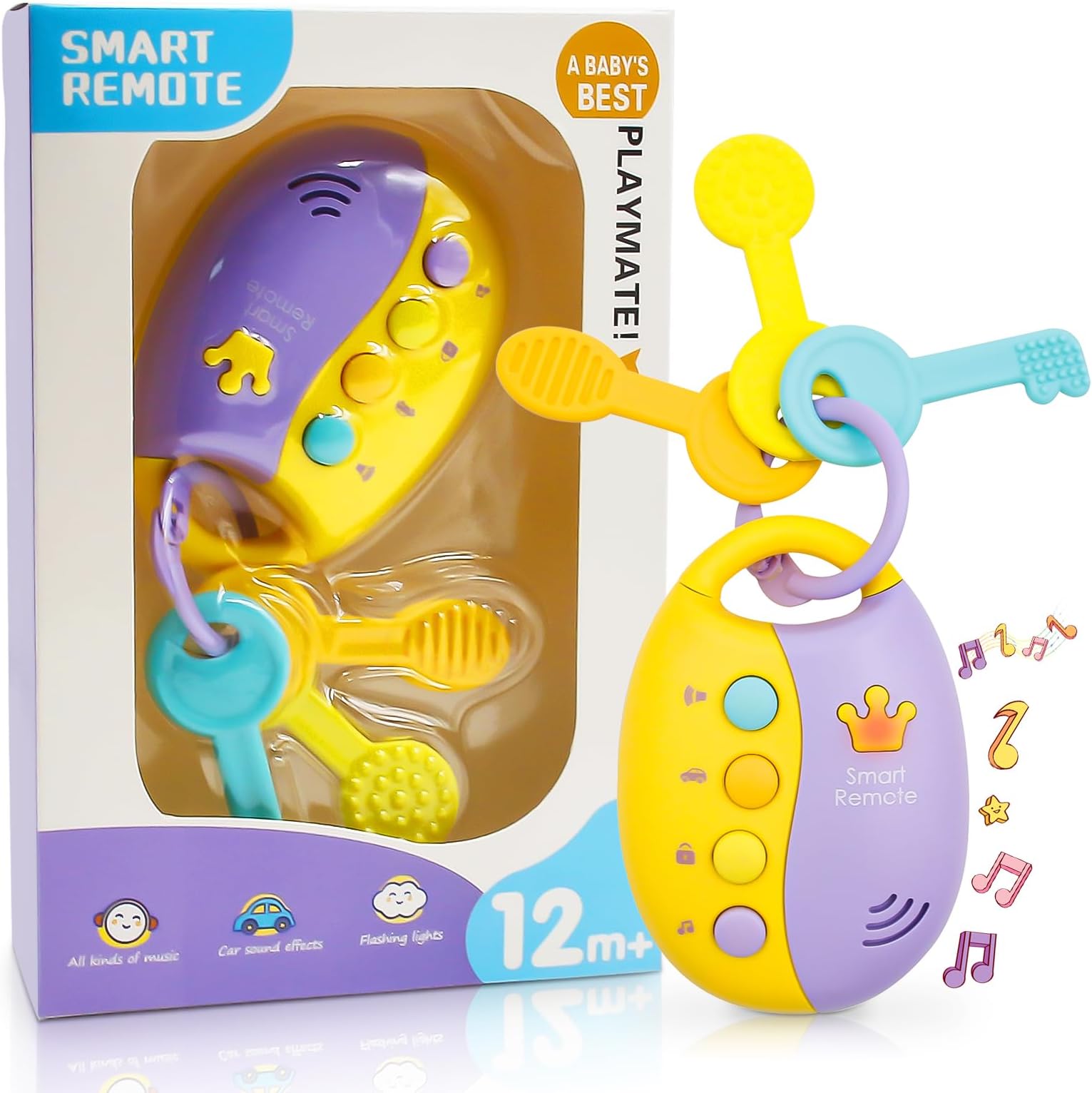 Baby Toy Musical Car Key, Musical Key Toys for Babies 1 year old with Keyring Teether, Newborn Sensory Cars Keys Sound Toys for 1 2 3 Year Old Girls Boys Educational Toy