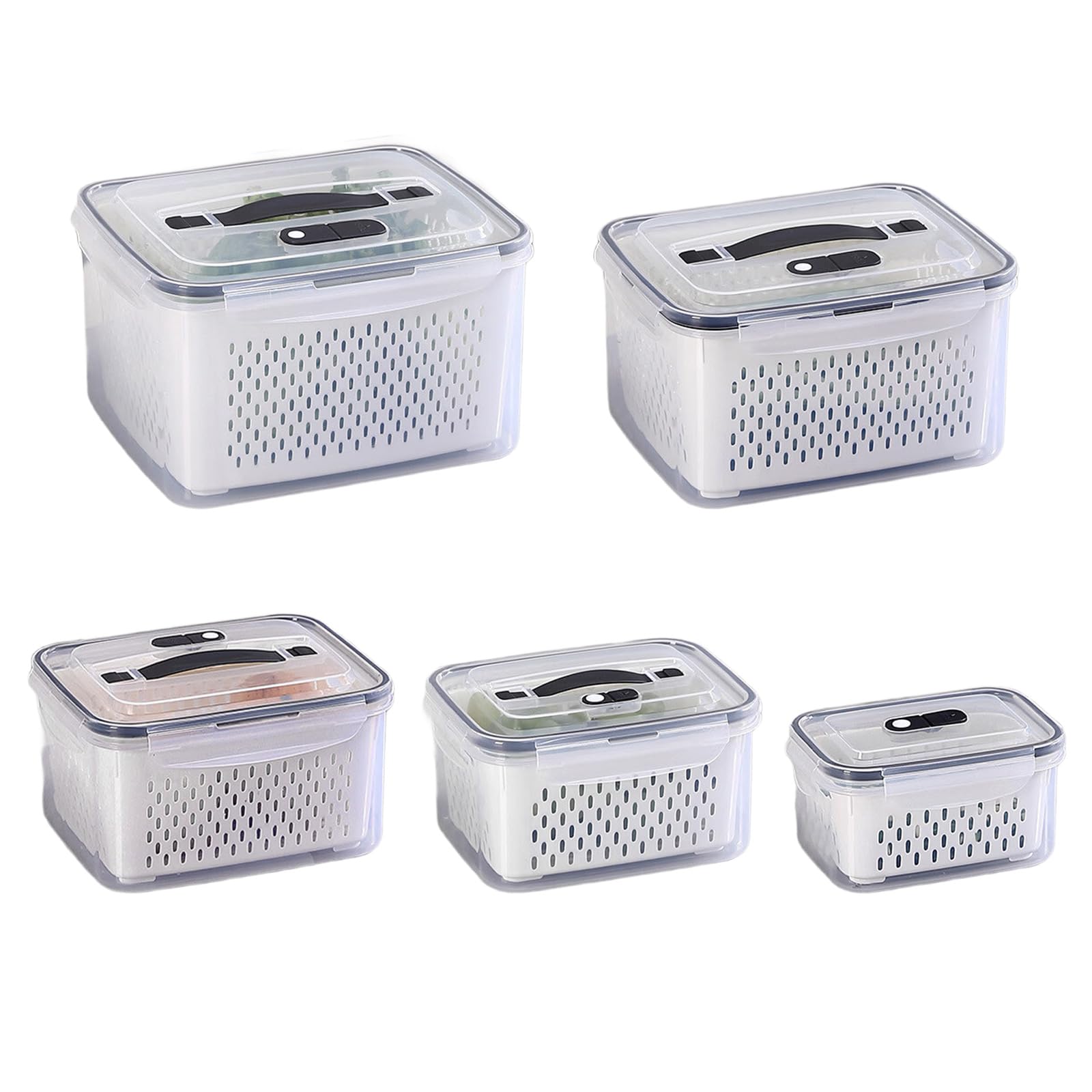 LUCKGONI Pack Of 5 Stackable Leakproof Food Storage Bins With Removable Strainer For Fruits Vegetables And Snacks