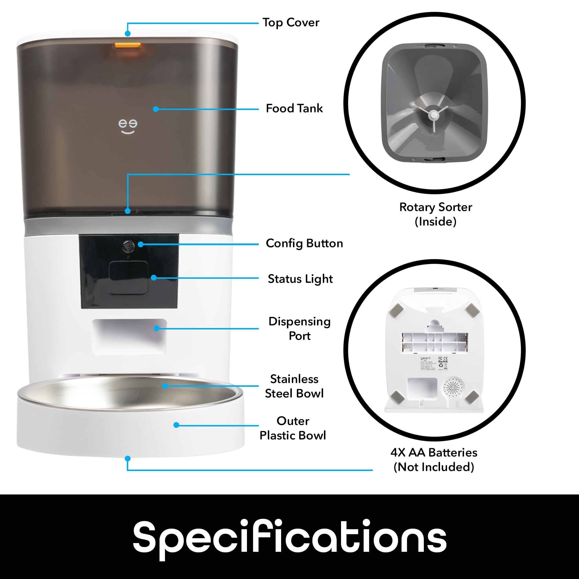 Geeni 6L Smart Pet Feeder - Automatic Cat and Dog Food Dispenser, WiFi Control, Voice Recorder, Battery Backup, Large Capacity, Portion Control - White