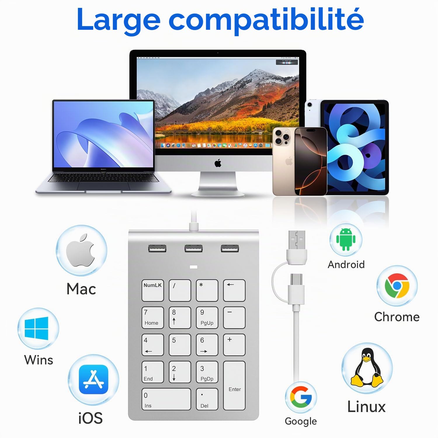 Pavé Numérique Filaire USB-C & USB-A - Mini Pavé Numérique avec 3 Ports USB 2.0, 18 Touches Numpad pour PC Portable/Desktop/iPad, Pavé Numérique USB Compatible Windows/macOS/Chrome OS, Plug & Play