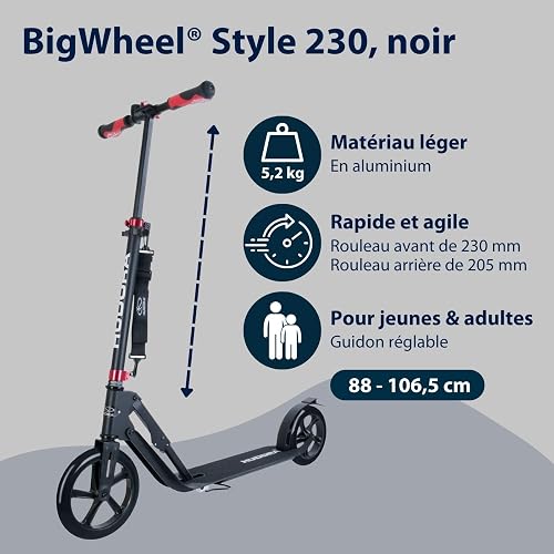 HUDORA BigWheel Style 230 Scooter - Sturdy aluminium scooter with large platform - Height-adjustable & foldable city scooter for up to 120kg - Kick scooter for teenagers & adults - 3