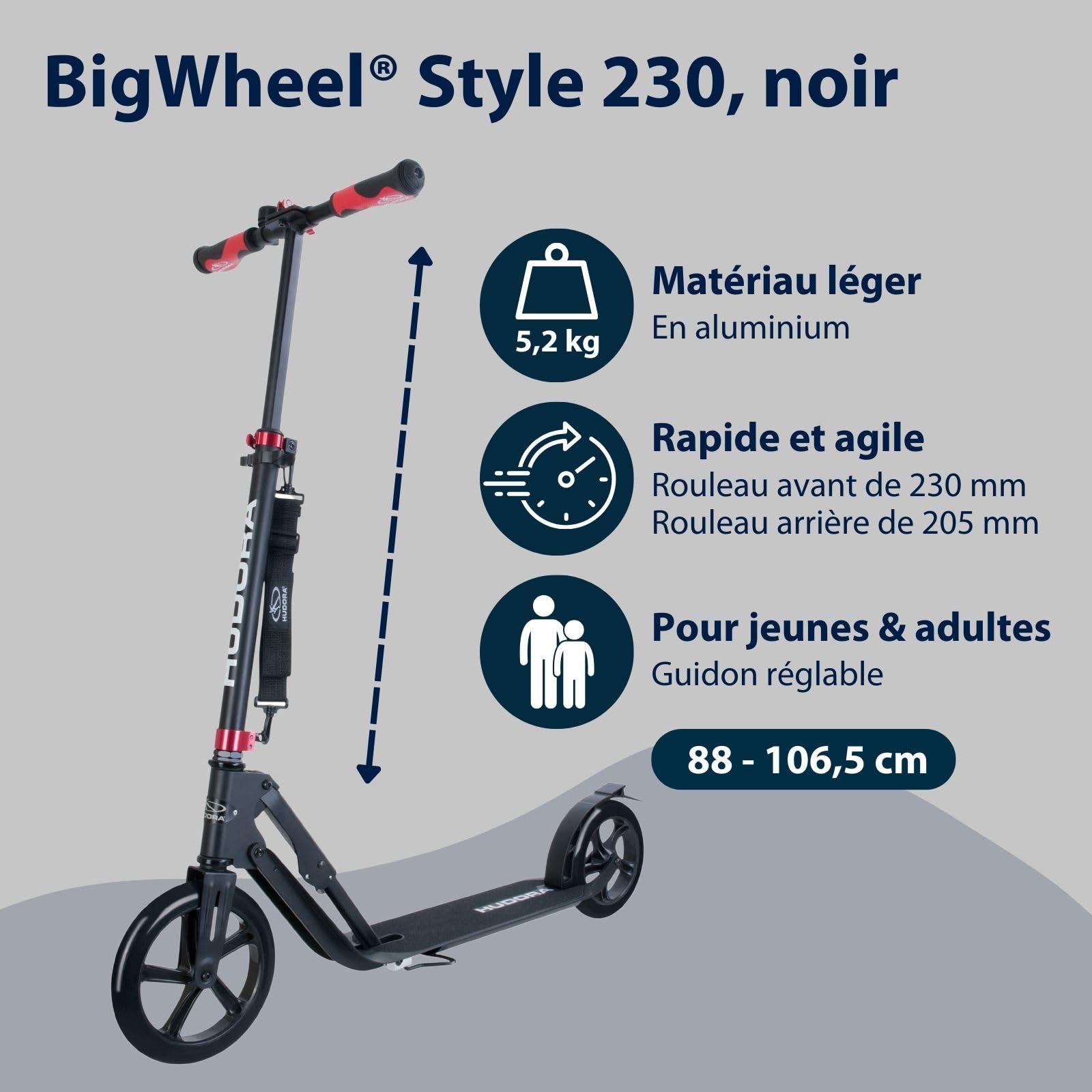 HUDORA BigWheel Scooter Style 230 - Trottinette stable en aluminium avec une grande plateforme - Réglable en hauteur et pliable - Pour adolescents et adultes jusqu'à 120kg