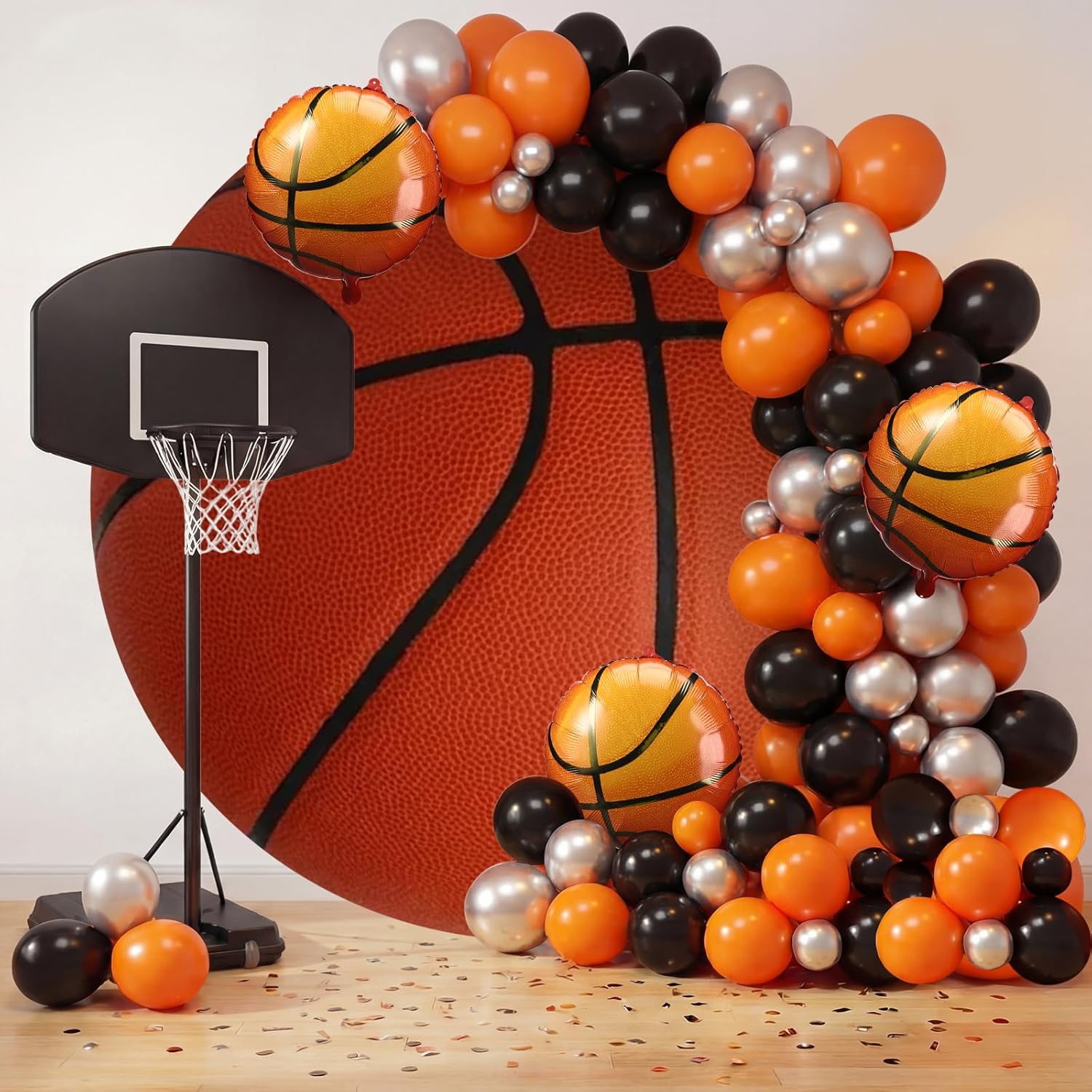 99 Pcs Basketball Party Decorations 6.5ft Basketball Backdrop Balloons Garland Kit Orange Black Silver Balloons for Sports Theme Birthday Party Decorations