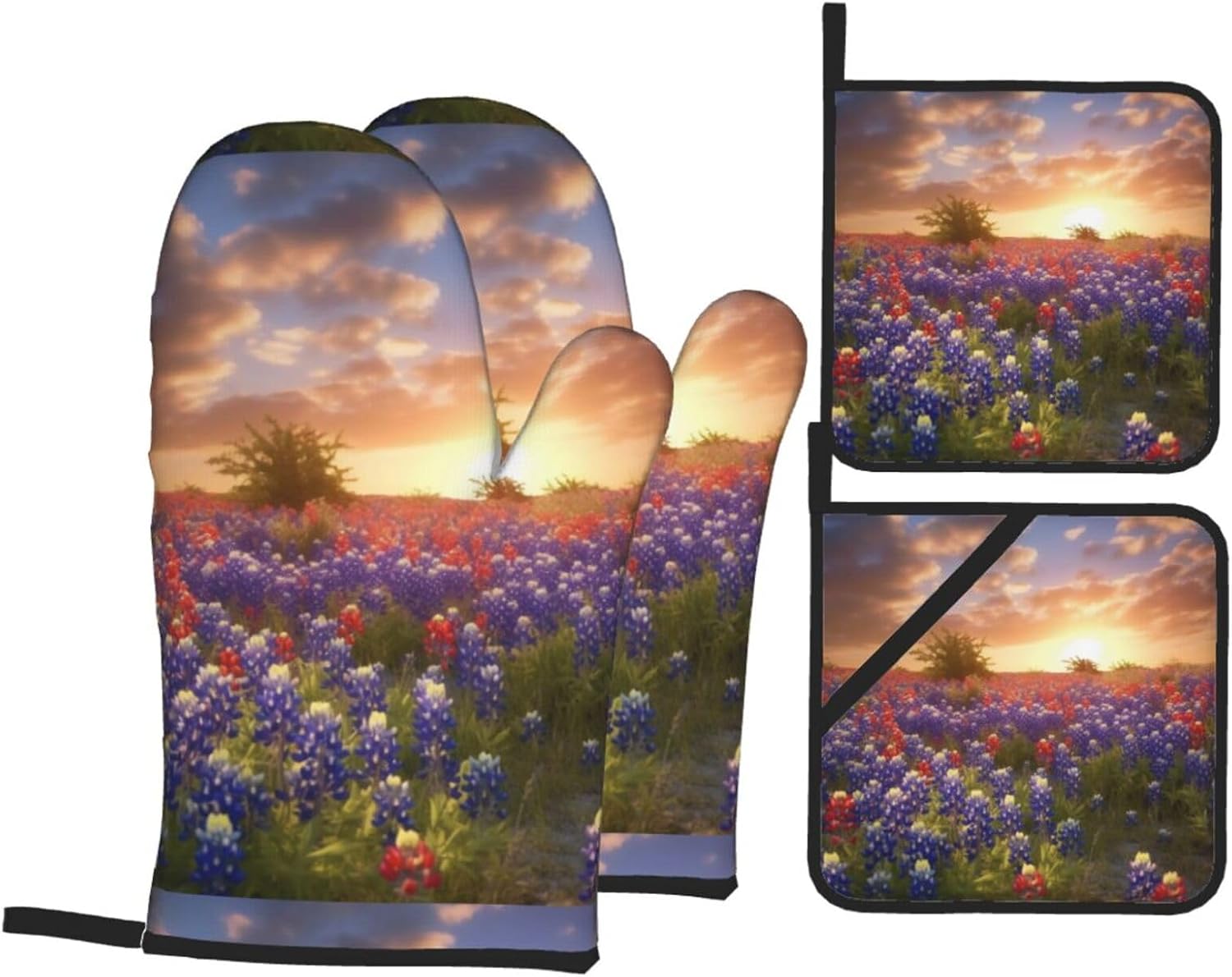 (Texas Bluebonnets Scenery) Baking 4-Piece Set: 2 Oven Mitts and 2 Pot Holders Heat Resistant Waterproof Hanging Loop for Kitchen Oven Grill Housewarming Gifts