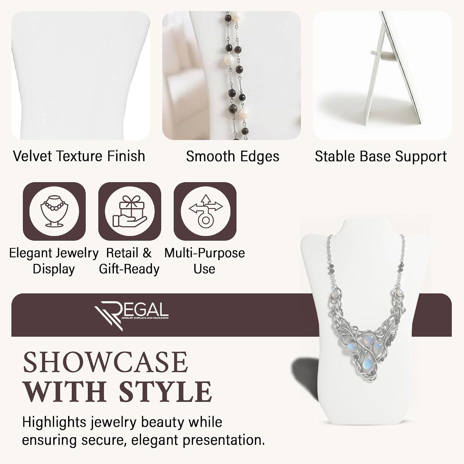 RJ Displays Jewelry Display for Vendors, Velvet Necklace Display Stand Holder, Jewelry Stand Necklace Holder for Vendors. Jewelry Display Stand 14” H. (White)