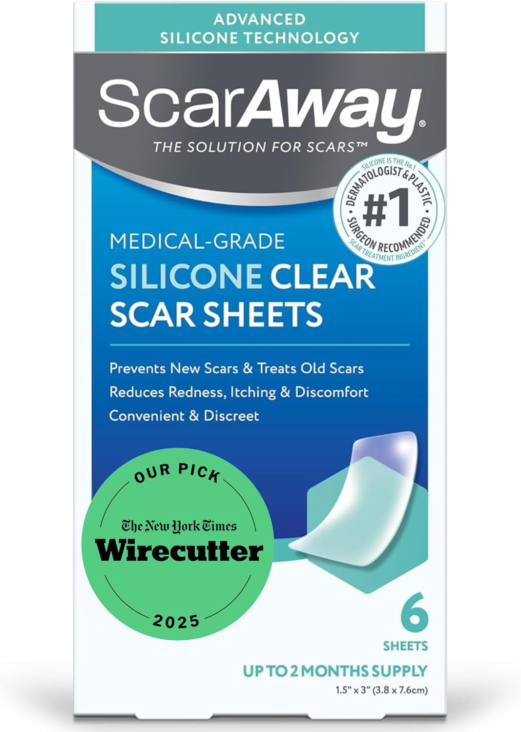 ScarAway Clear Silicone Scar Sheets, White, 6 Count