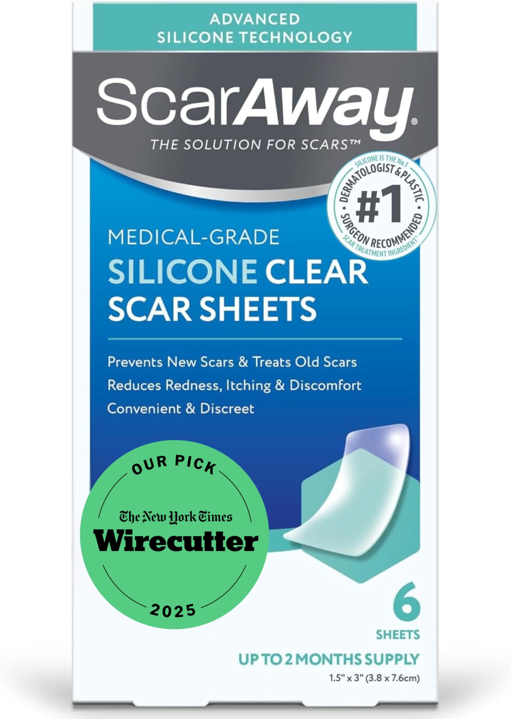 ScarAway Clear Silicone Scar Sheets, White, 6 Count