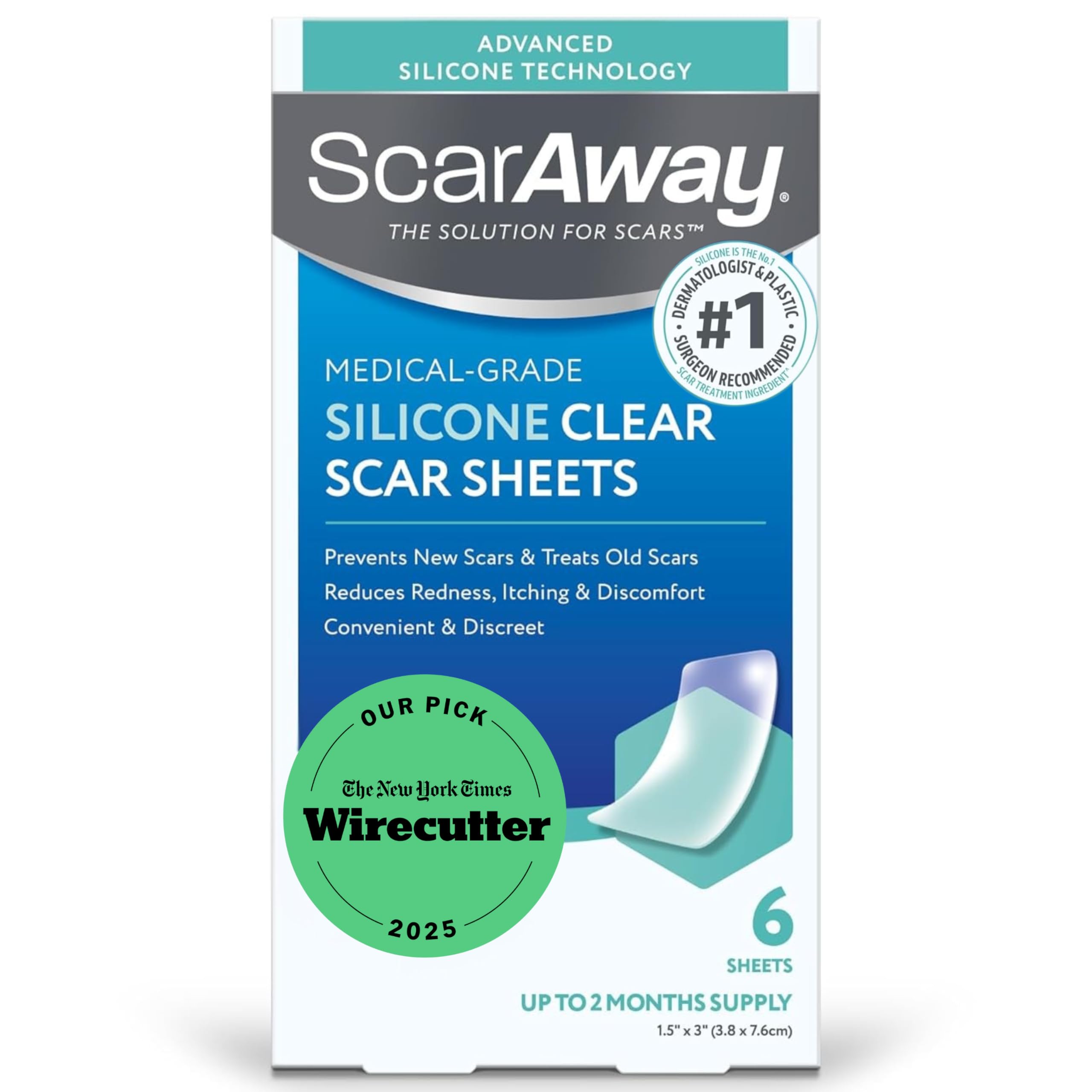 ScarAway Clear Silicone Scar Sheets, White, 6 Count