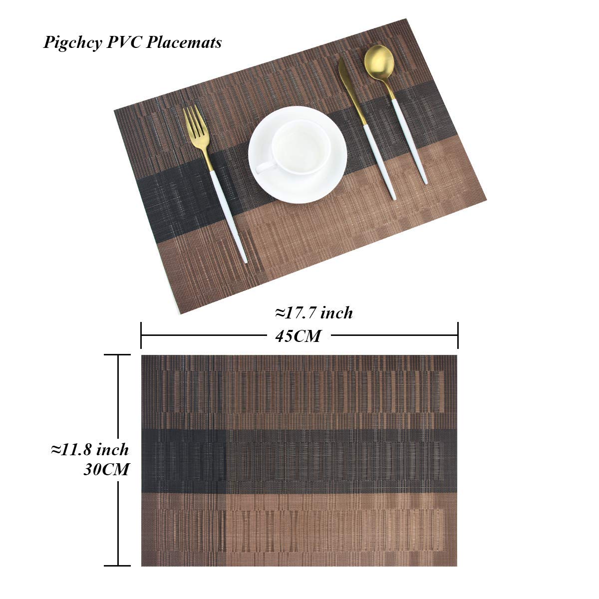 Feinerman 6 Pcs Washable PVC Woven Table Mats for Dining & Kitchen Tables, Heat-Resistant Stain-Resistant Anti-Skid Placemats, Non-Slip Vinyl Dinner Mats for Home & Restaurant (Brown & Black) 1