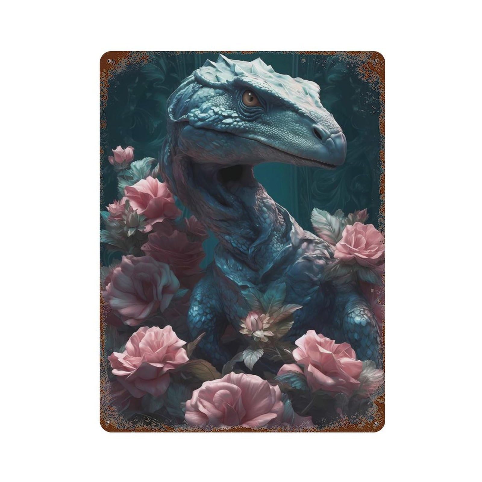Distressed Metal Wall Sign with Velociraptor Fantasia Design 15.7"x11.8", for Farmhouse, Kitchen And Entryway Decor, Old School Wall Decor