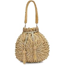 LONGING TO BUY Beaded Potli Bag, Drawstring Wristlet with Tassel, Floral Embroidered Clutch, 9.5x9.5 Inch