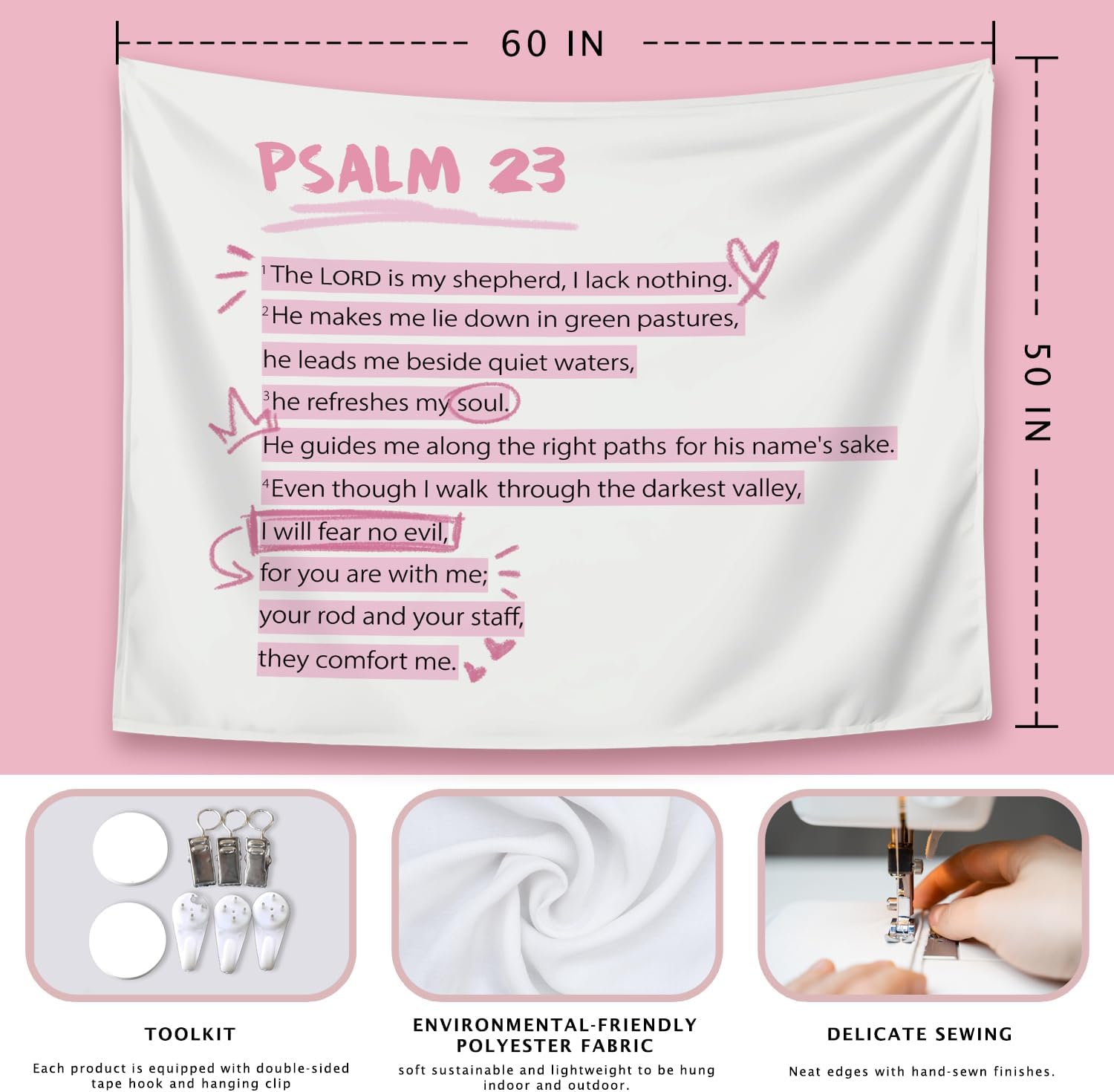LIANGW Pink Christian Tapestry Aesthetic, Wall Tapestry for Bedroom, Pink Wall Art for Teen Girls & Women, Dorm Decor for College Girls, Bible Verses Tapestries Wall Hanging 50x60 inche