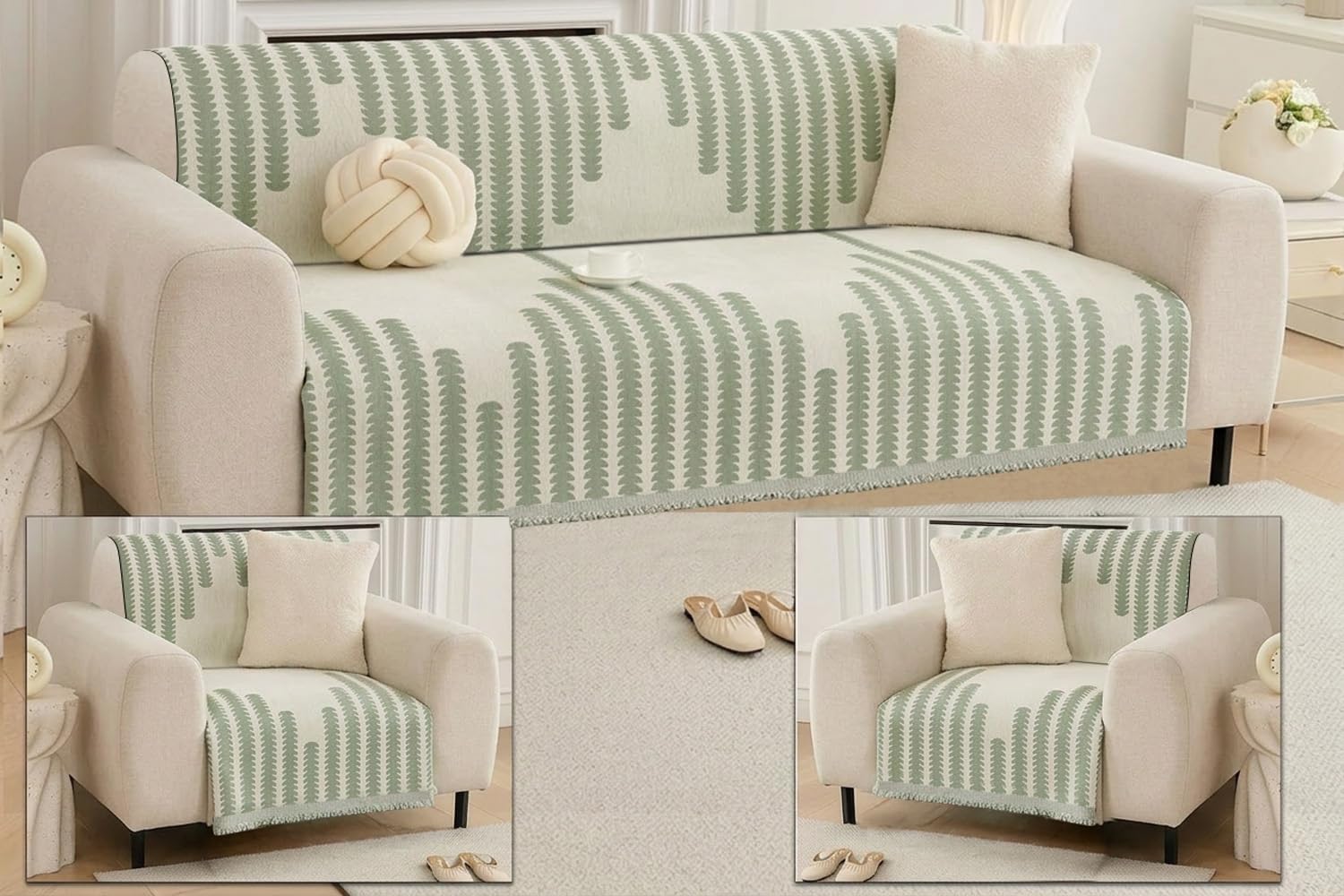 Stylista Reversible Premium Chenille Sofa Throw Cover - 2-in-1 Botanical Leaf Striped Pattern Couch Protector with Decorative Tassels, Soft Breathable Cover for 5-Seater (3+1+1) Sofa sets (Sage-Green)-image-15