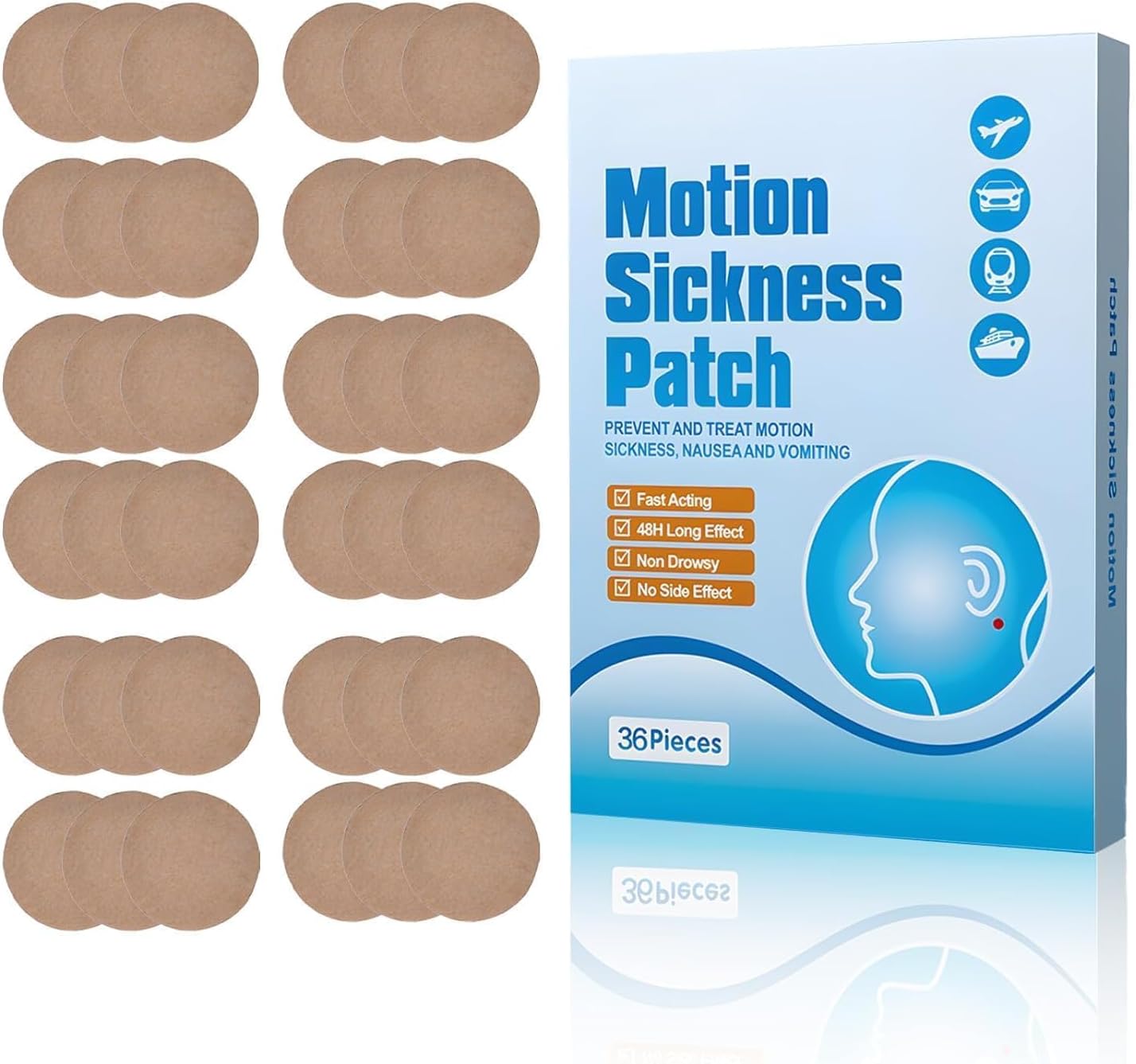 Motion Sickness Patch 36PCS | Natural Herbal Anti-Nausea & Dizziness Relief Stickers | Waterproof Car, Sea & Air Travel Sickness Patches for Adults & Kids
