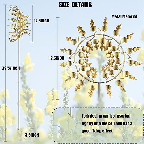 Miniatura 10 de Molino de viento metálico único y mágico, 2 hilanderos de viento, escultura cinética alimentada por viento 3D, molinos de viento de acero