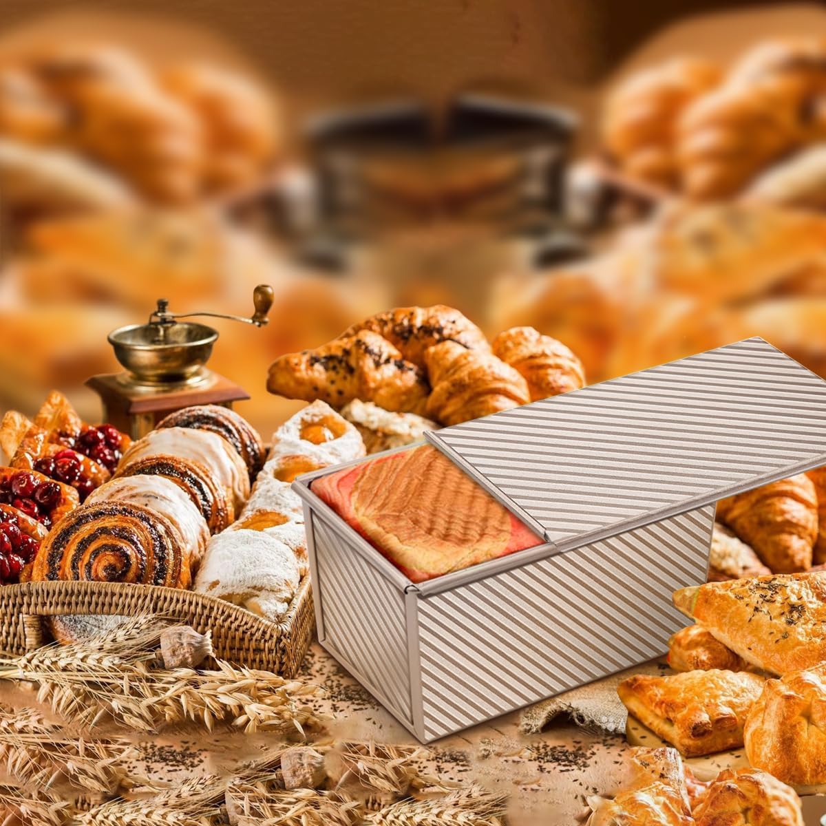 1000g Molde con Tapa para Pan de Molde y Tostadas 35x14x12cm Molde con Tapa en Aluminio Rectangular Pastel Antiadherente Molde para Tostadas Pan Hornear Panes Pasteles