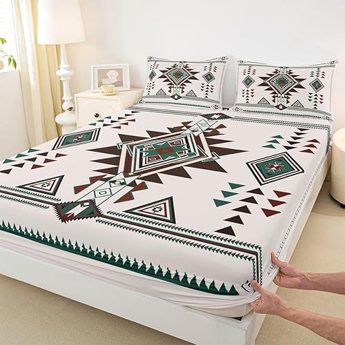 Miniatura 6 de Erosebridal Juego de sábanas ajustables occidentales de geometría vintage, sábanas de estilo bohemio occidental, sábana encimera de estilo