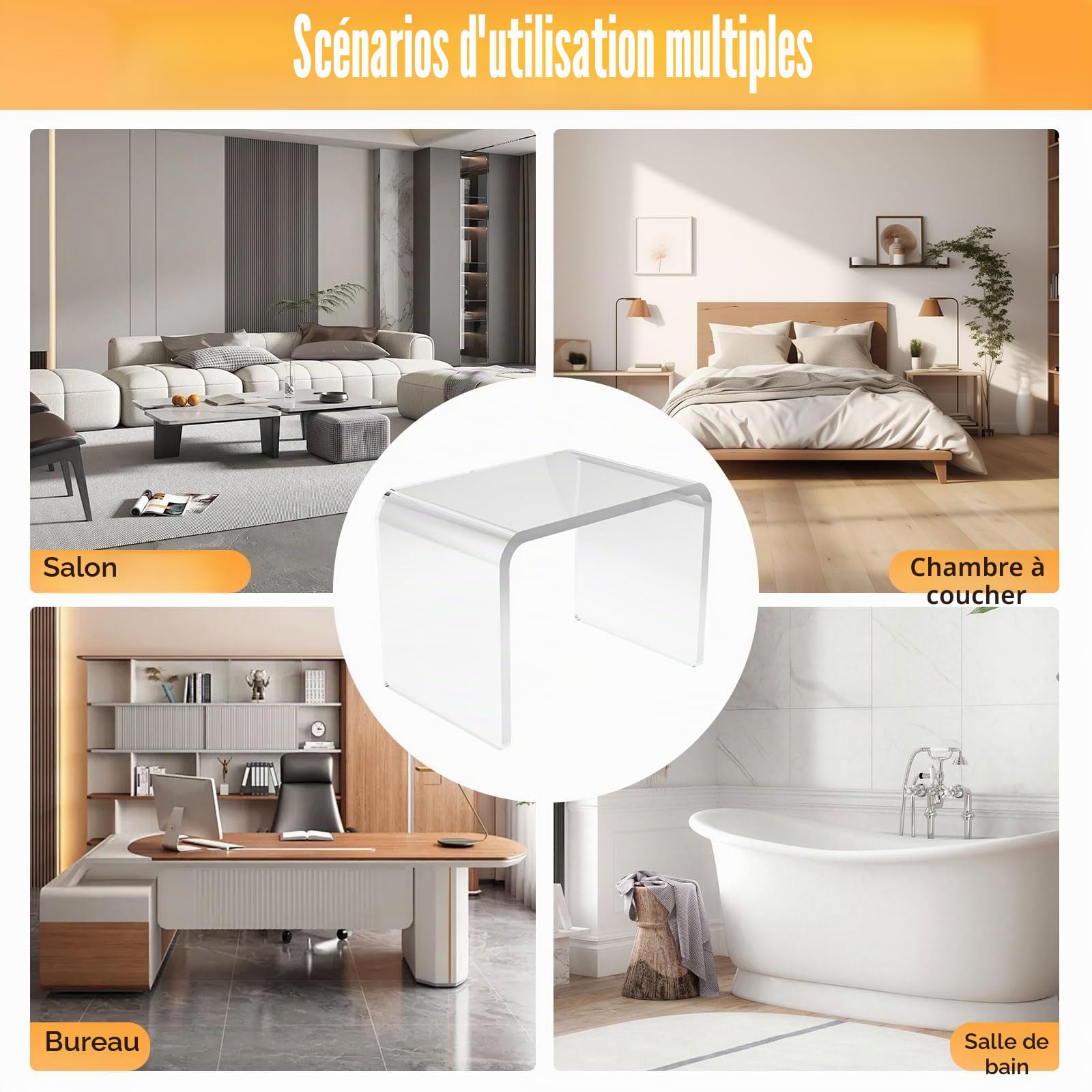 TWSOUL Table d'extrémité en Acrylique Transparent, Table d'appoint en Forme de U avec Bords arrondis, élégante Basse Moderne, Petit bancs de Douche, Tabouret en Acrylique, 31.75x22.86x23.03cm