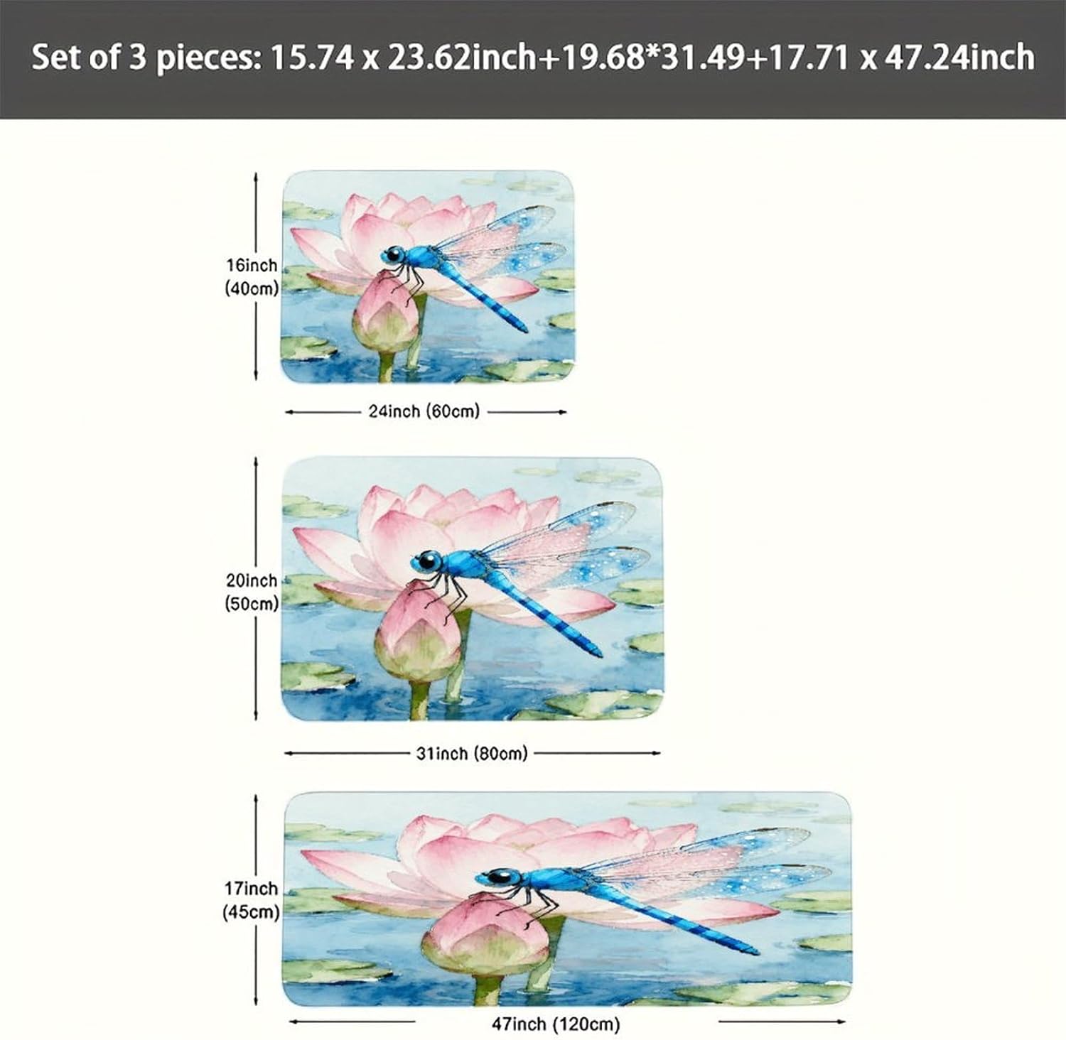 Blue Dragonfly Patternsss Kitchen Rugs Sets of 3 Non Slip Kitchen Mat for Floor Comfort Standing Rug and Mats Thick Cushioned Long Area Carpets for Laundry Room Entryway