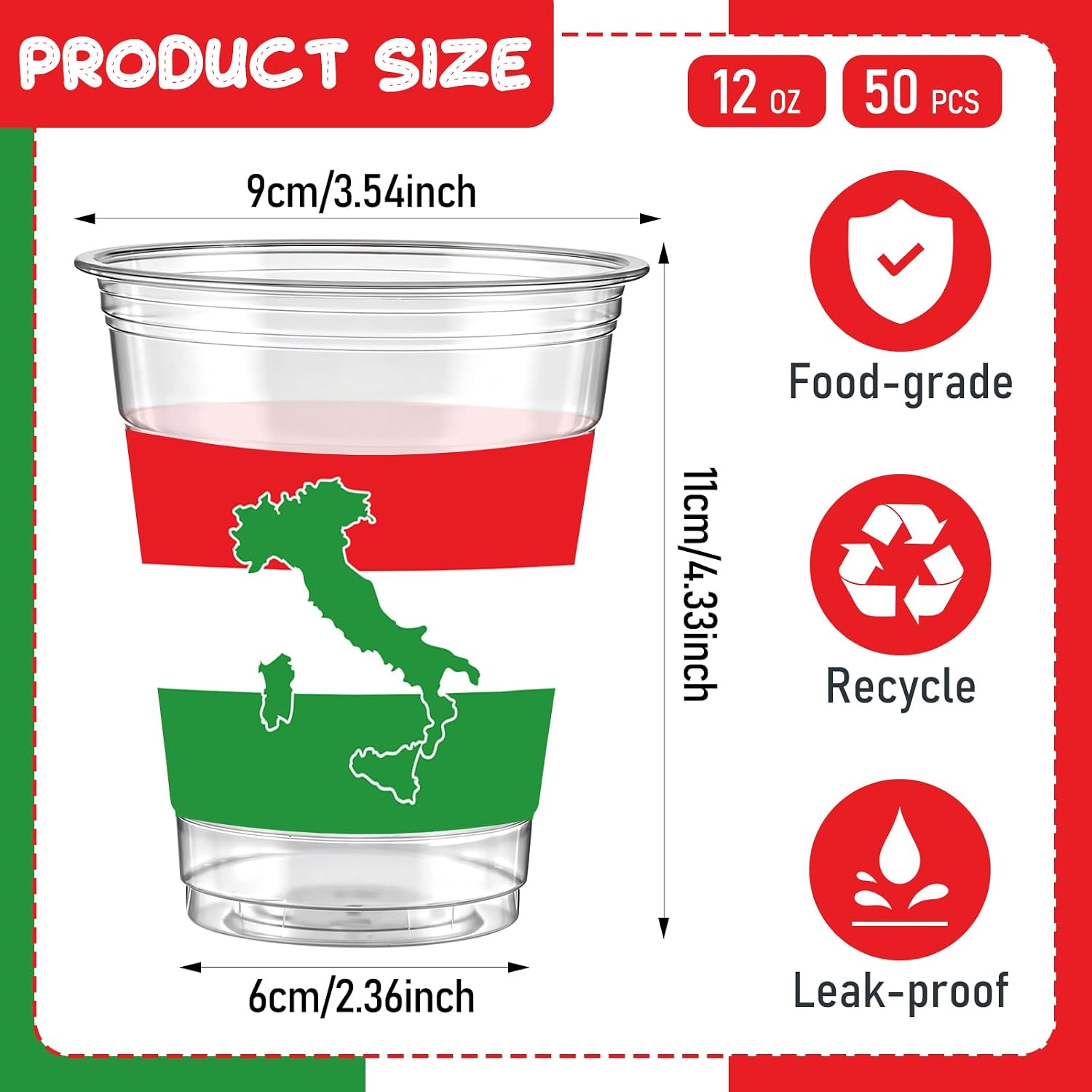 50 PCS Italian Flag Plastic Cups,12 OZ Clear Disposable Cold Hot Drinking Cups Beverage Water Container Italian Themed Events Party Supplies
