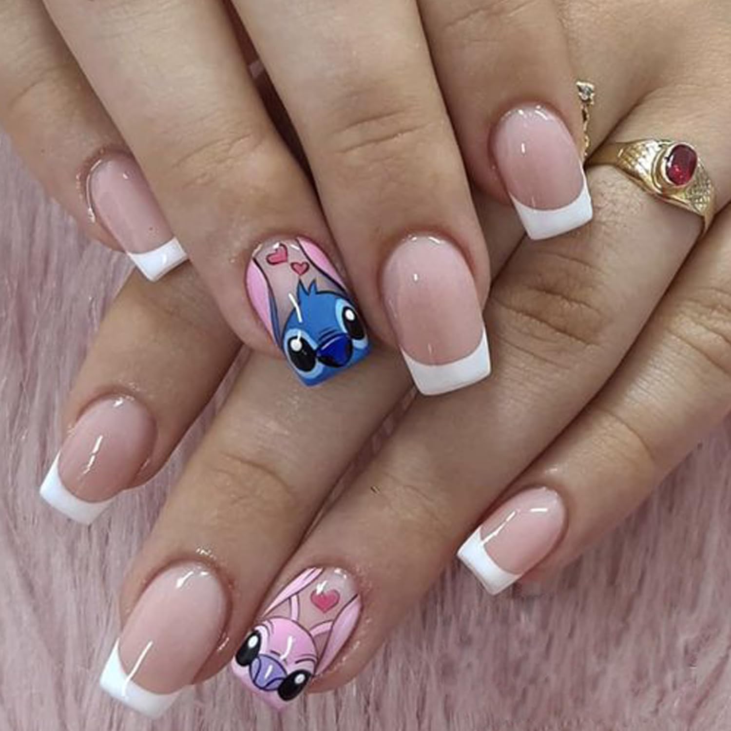 French Tip Press on Nails Short Square Cute Fake Nails with Cartoon Design French Nails Tips Full Cover Glossy Stick on False Nails for Women Party DIY Decor 24Pcs