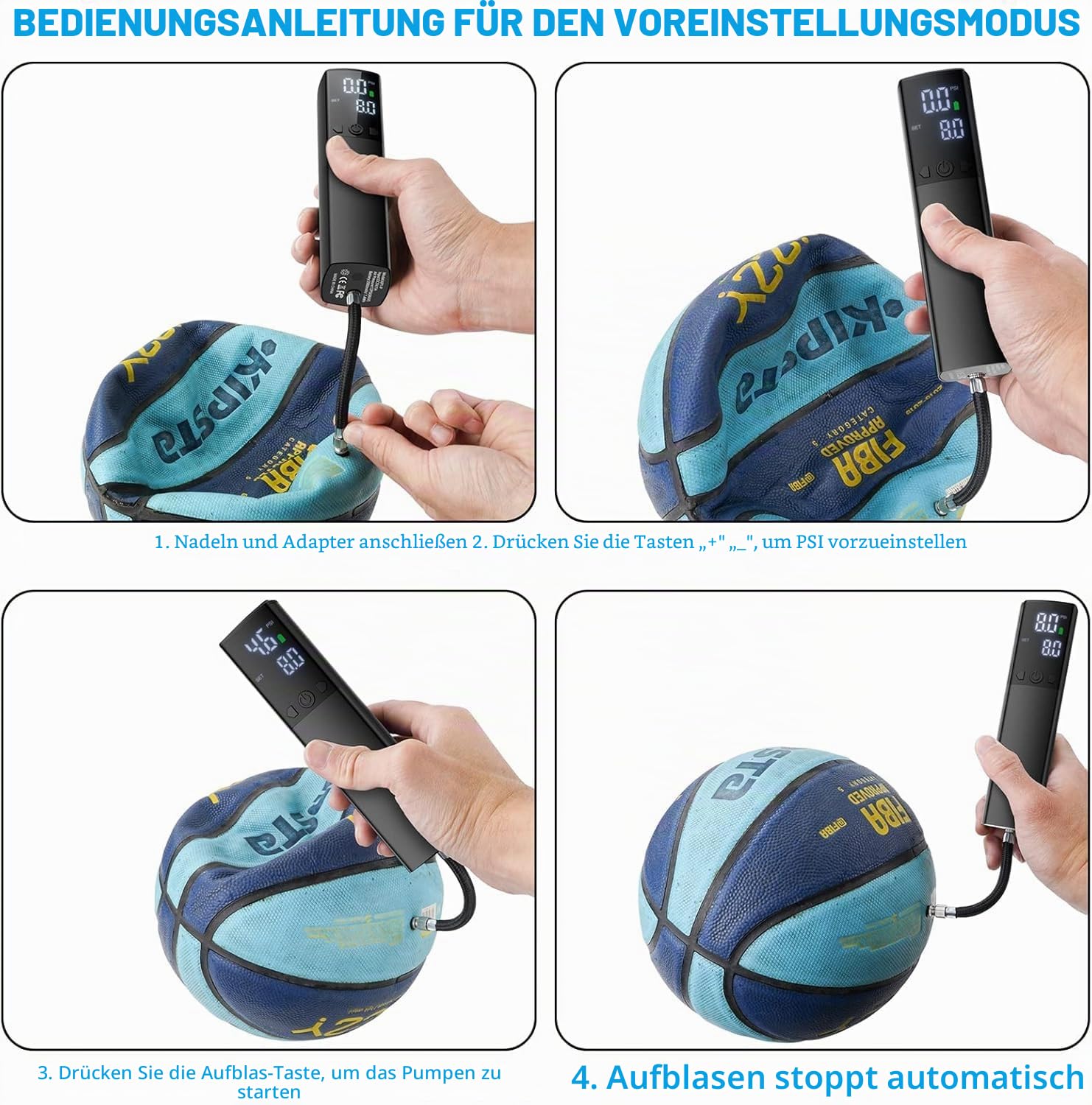 Elektrische Ballpumpe, tragbare automatische Ballpumpe für schnelles Aufpumpen von Bällen mit präzisem Manometer und digitalem LCD-Display für Basketball, Fußball, Volleyball (2 Nadeln und 1 Düse)