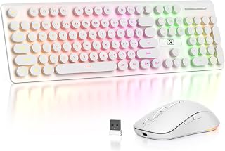 Fogruaden Rechargeable Wireless Keyboard and Mouse, Backlit Cute Keyboard and Mouse Combo with Retro Round Keycap, 2.4G Connectivity for Windows PC, Laptop, Desktops, Computer(White)