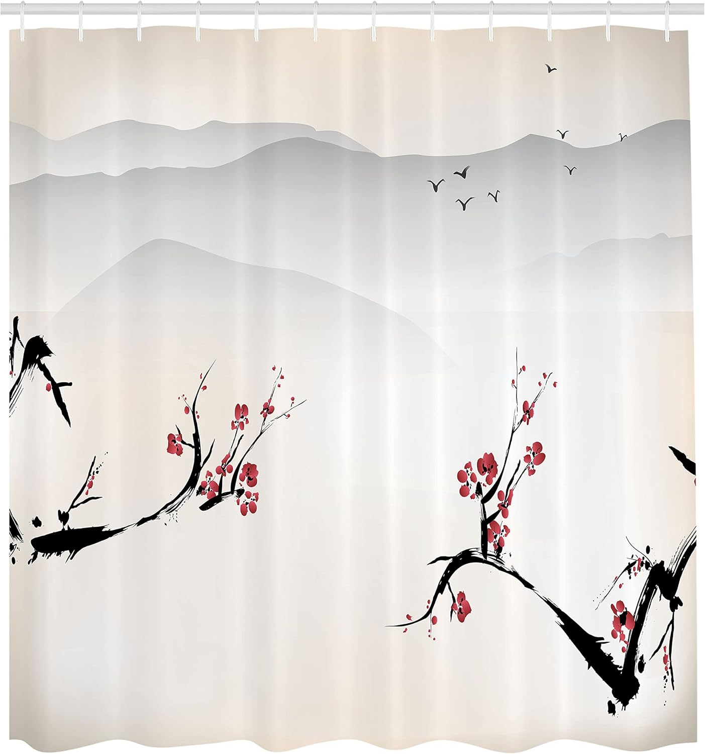Ambesonne East Shower Curtain, Japanese Nature Landscape National Sakura Flower Over Himalayas and Flying Gulls, Cloth Fabric Bathroom Decor Set with Hooks, 69" W x 70" L, Beige Red Black