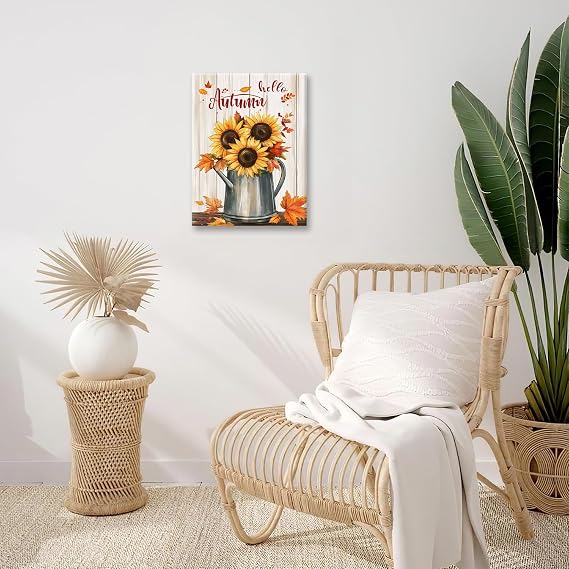 Hello Autumn Canvas Wall Art Fall Pictures Sunflower Painting Prints Modern Artwork for Bathroom Living Room Bedroom Office Framed Wall Decor 12x16