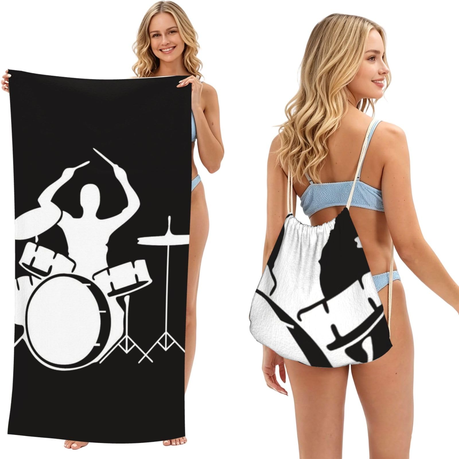 SATUSA Drummer Print 2-In-1 Foldable Beach Towel Backpack â€“ Camping, Yoga And Travel,Bath Towel With Built-In Storage, Convertible Beach Mat & Carry Bag