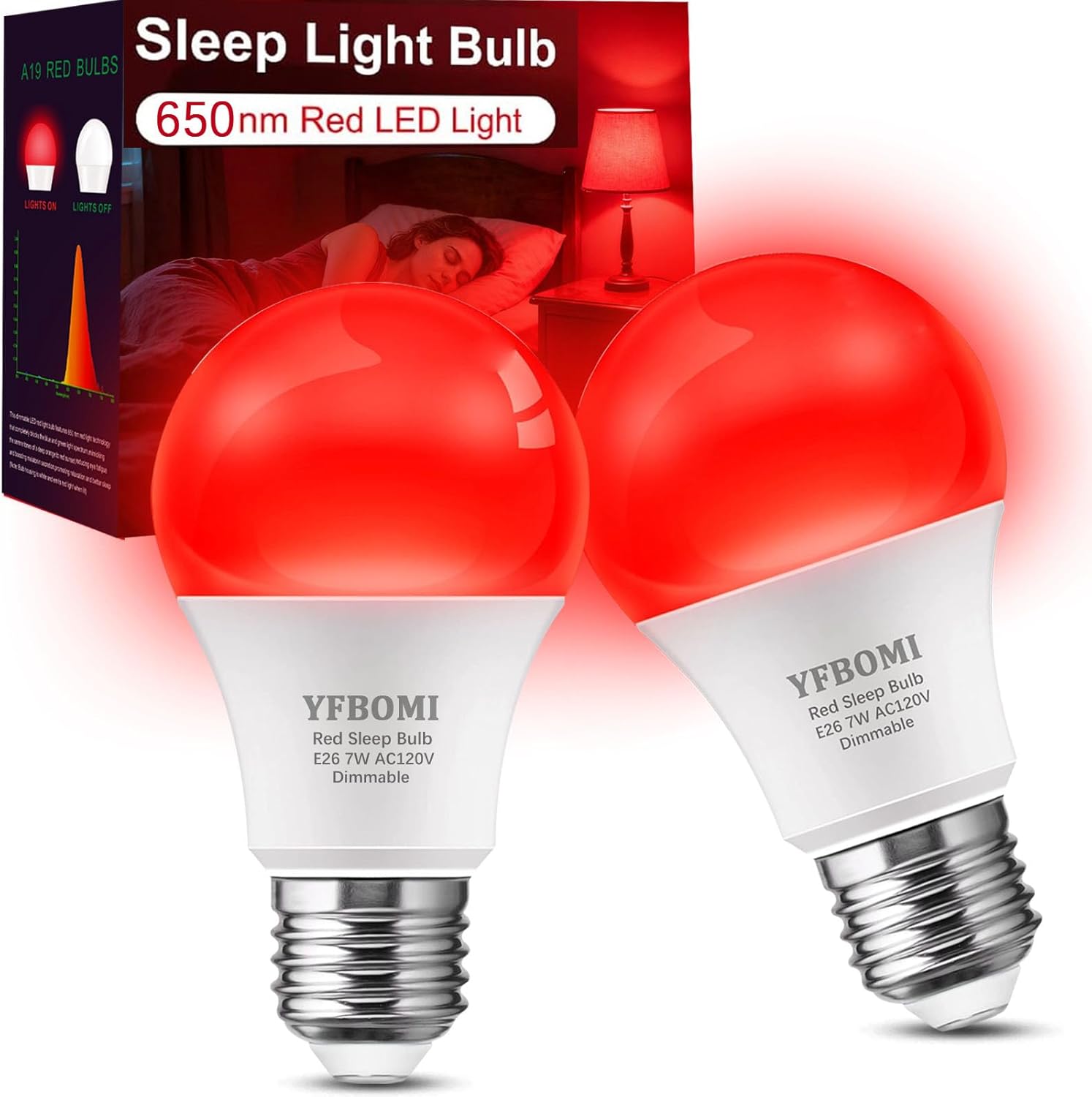 650nm Red Sleep Light Bulb Dimmable, 100% Blue Light Blocking Red Night Light Melatonin-Boosting Sleep Bulb 7W 130 Lumens A19 E26 Dim Bulb,Ideal for Bedroom Sleep, Holiday Decorations 2Packs