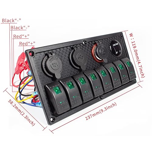 Vista 121 de Panel de interruptor de palanca impermeable de 6 cuadrillas 12V/24V Panel de interruptor basculante de aluminio con cargador USB doble, voltímetro