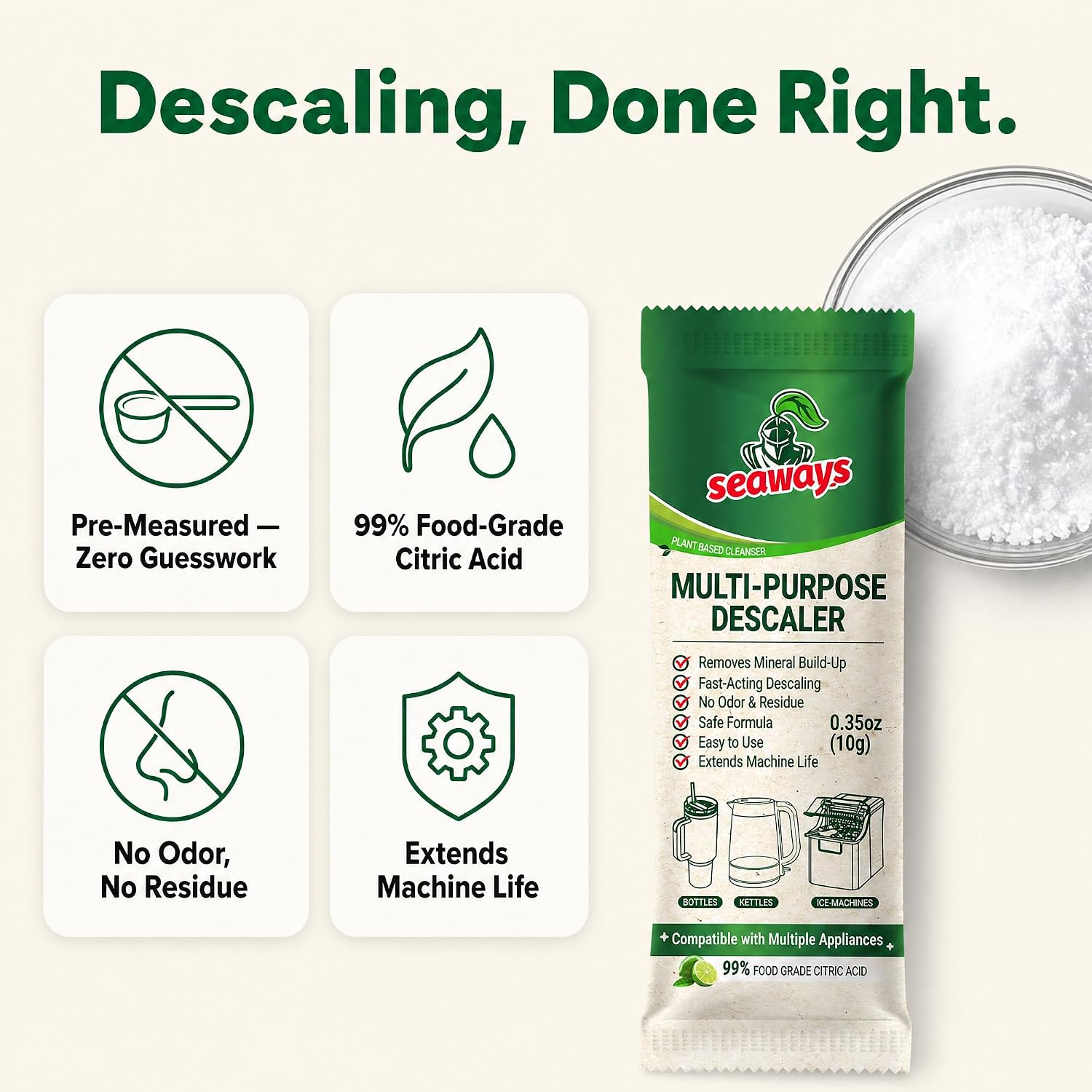 Seaways Descaler & Cleaner Powder Packets (60 Uses, 3-Pack Value Bundle)