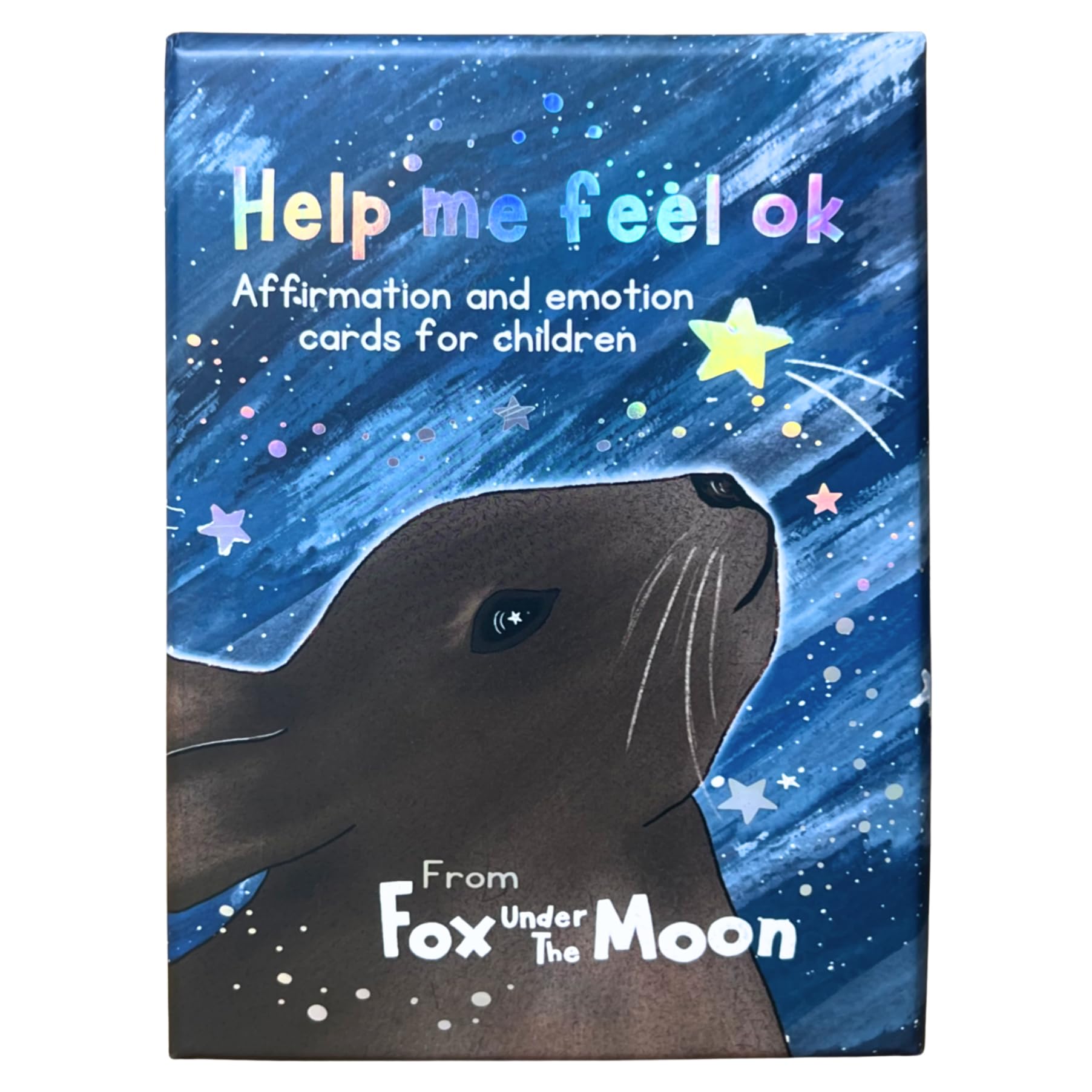 Fox Under The Moon Children's Affirmation and Emotion Cards, 54 Illustrated Cards with Wooden Display Stand, Silver Edge Finish, 12.5 x 10cm, Ages 3-11