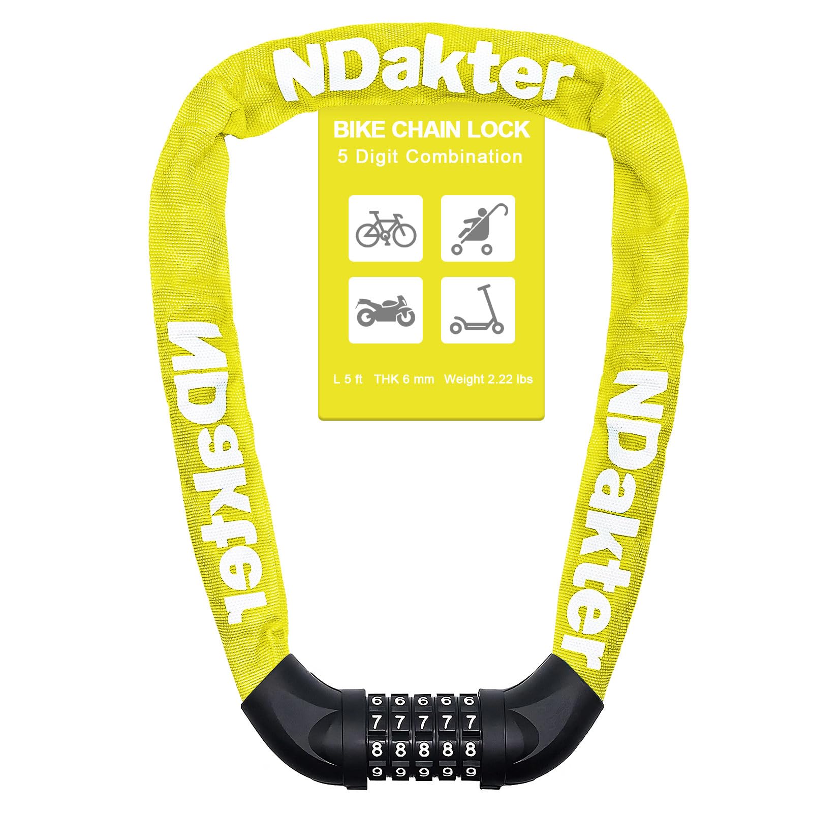 NDakter Bike Lock, 5 Digit Combination Heavy Duty Anti Theft Bicycle Chain Lock, 2.62/3.2/4.27/5/6Ft Long, High Security Resettable, Suitable for Bike, Scooter, Door, Gate, Fence-4/6mm Thick