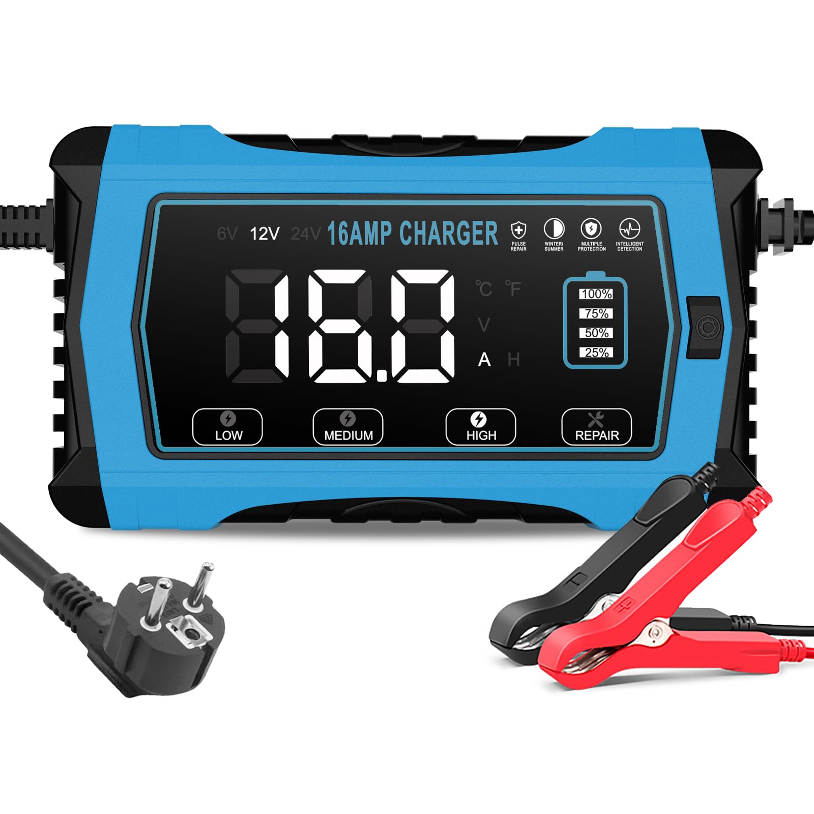 Haisito Caricabatterie per auto da 16 A, 12 V, 16 A, 24 V, 10 A, batteria al litio LiFePO4, caricabatterie al piombo acido (AGM, SLA ecc.) con funzione di ricarica a 10 livelli, schermo LCD per auto
