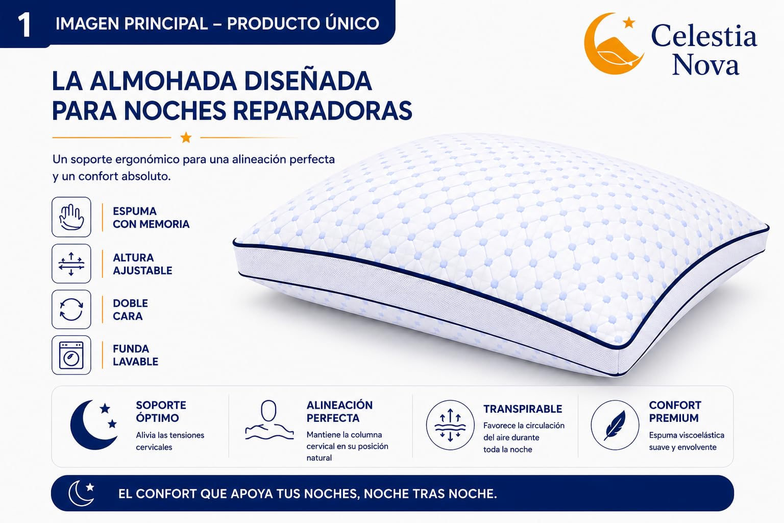 Celestia Nova Almohada ergonómica de Memoria para el Cuello Almohada ortopédica Ajustable para el Dolor de Cuello y Soporte en el Cuello – Doble Cara Fresca – Funda Lavable – 60x50 cm