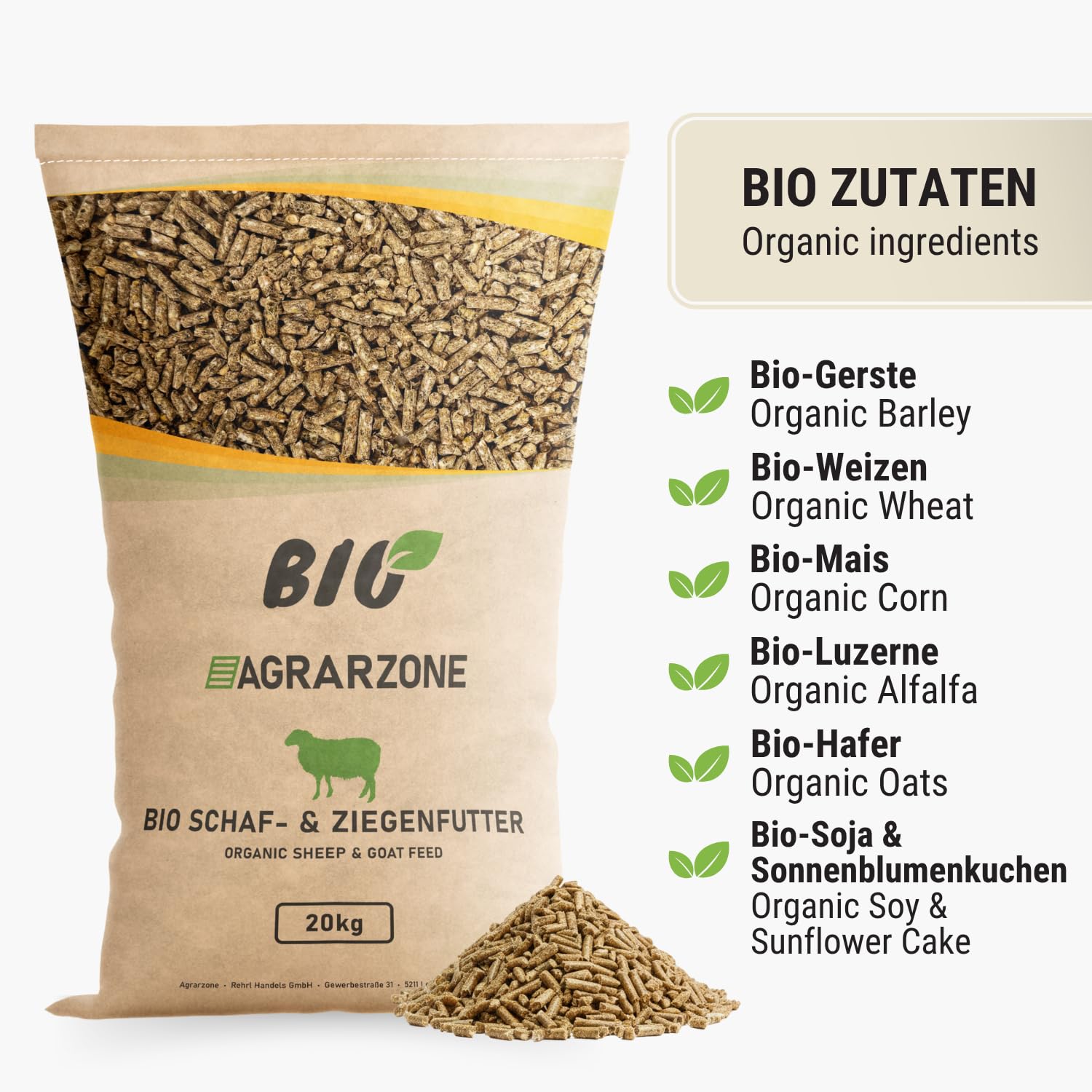 Agrarzone Nourriture Biologique pour Moutons et chèvres Granulés 20 kg - 100% Biologique, provenant d'Autriche - Aliment concentré adapté aux chèvres et Moutons, sans OGM