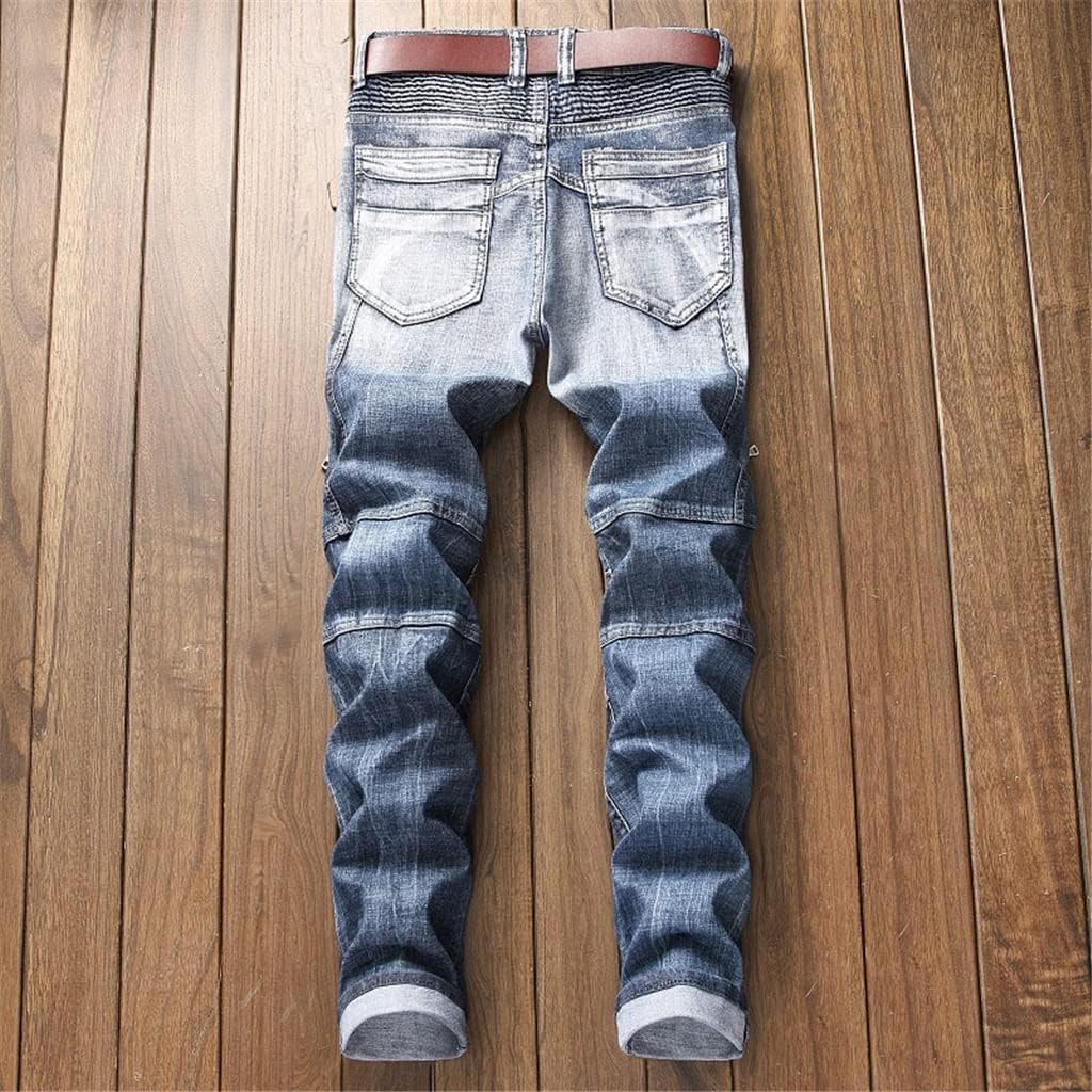 Men's Zippers Biker Jeans Gradient Patchwork Slim Fit Denim Pants for Male Casual Trousers