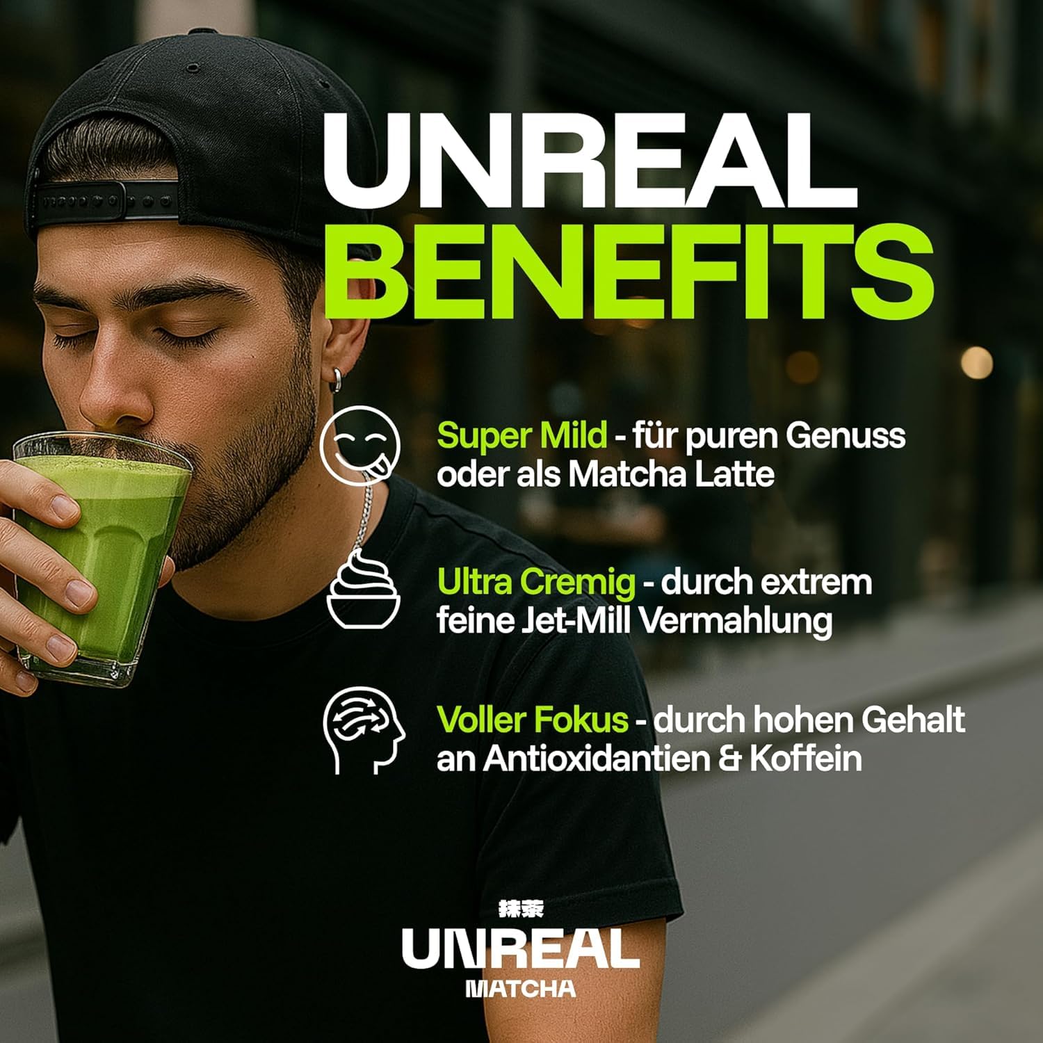 UNREAL® Bio Matcha Set Japan – 30g Ceremonial Matcha Pulver mit Bambusbesen & Bambuslöffel – Matcha Starter Set in Geschenkbox – Japanischer Grüner Tee für cremigen Matcha Latte inkl. Zubehör