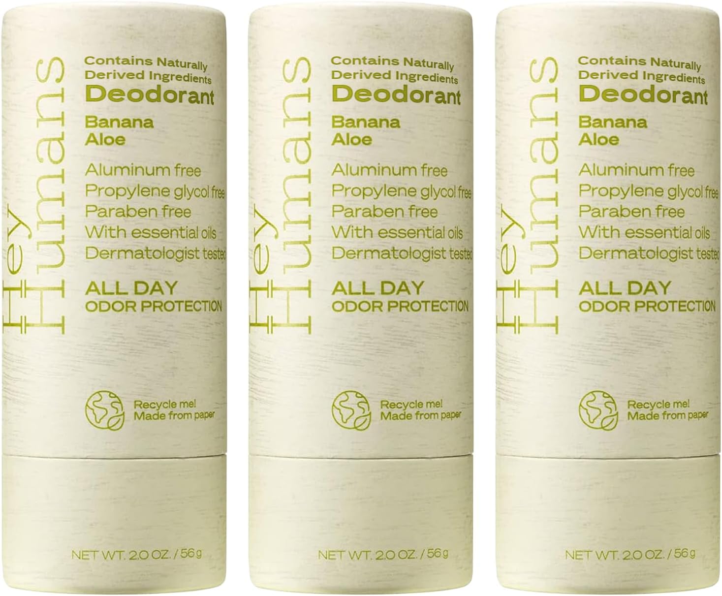 Hey Humans Deodorant, Aluminum Free Deodorant for Women and Men, Contains Naturally Derived Ingredients, All Day Odor Control, Refreshing Essential Oils, Earth Friendly Package, Banana Aloe